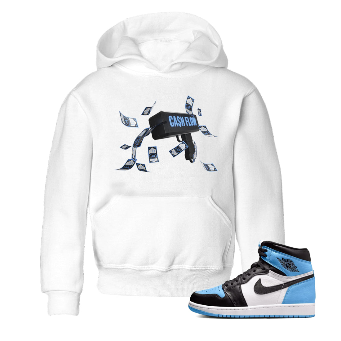 Air Jordan 1 Retro High OG UNC Toe Shirt to match Jordans Cash Flow Streetwear Sneaker Shirt 1s UNC Toe Drip Gear Zone Sneaker Matching Clothing Kids and Baby Tees White 1