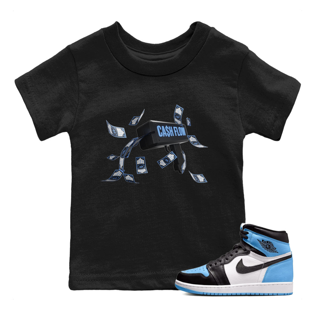 Air Jordan 1 Retro High OG UNC Toe Shirt to match Jordans Cash Flow Streetwear Sneaker Shirt 1s UNC Toe Drip Gear Zone Sneaker Matching Clothing Kids and Baby Tees Black 1
