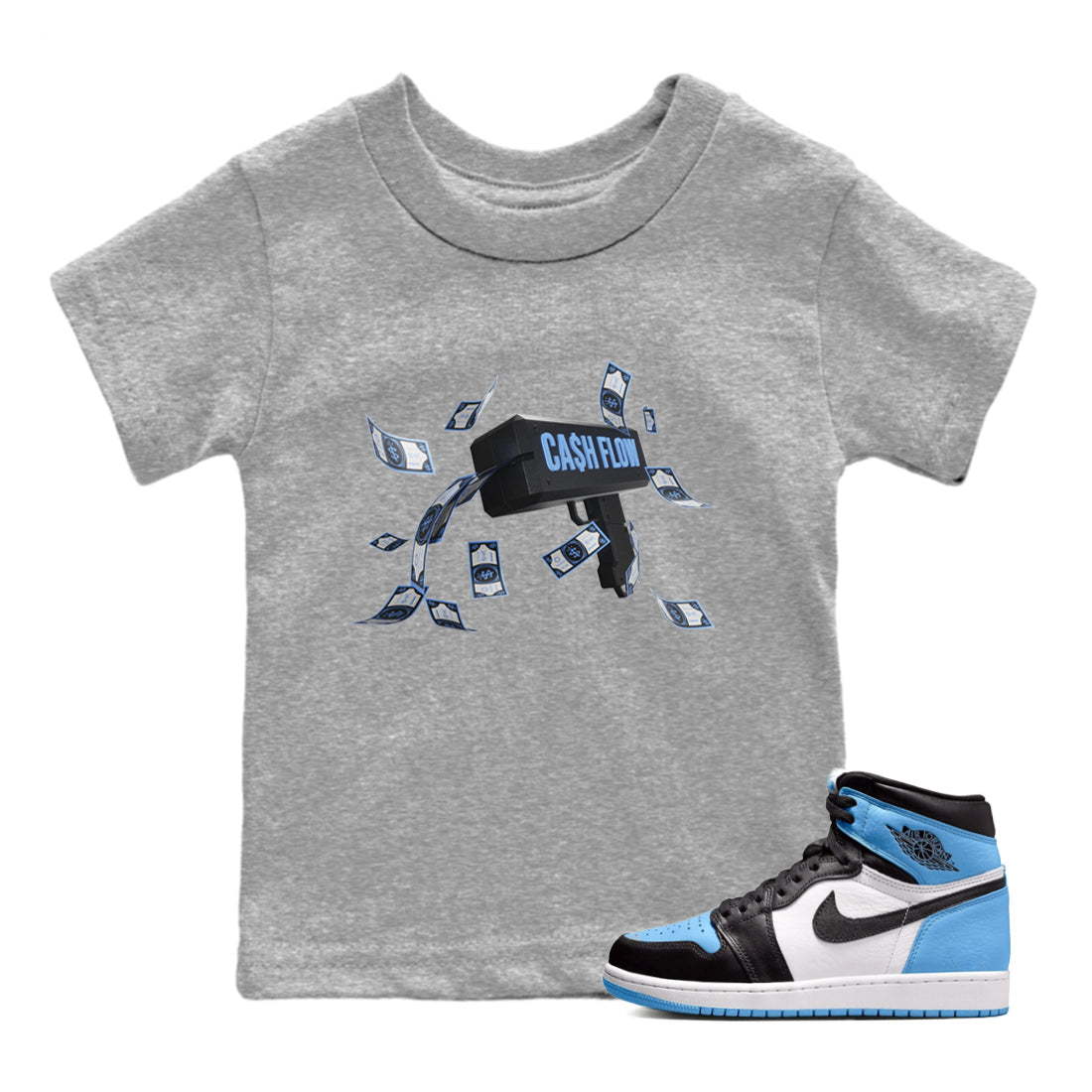 Air Jordan 1 Retro High OG UNC Toe Shirt to match Jordans Cash Flow Streetwear Sneaker Shirt 1s UNC Toe Drip Gear Zone Sneaker Matching Clothing Kids and Baby Tees Heather Grey 1