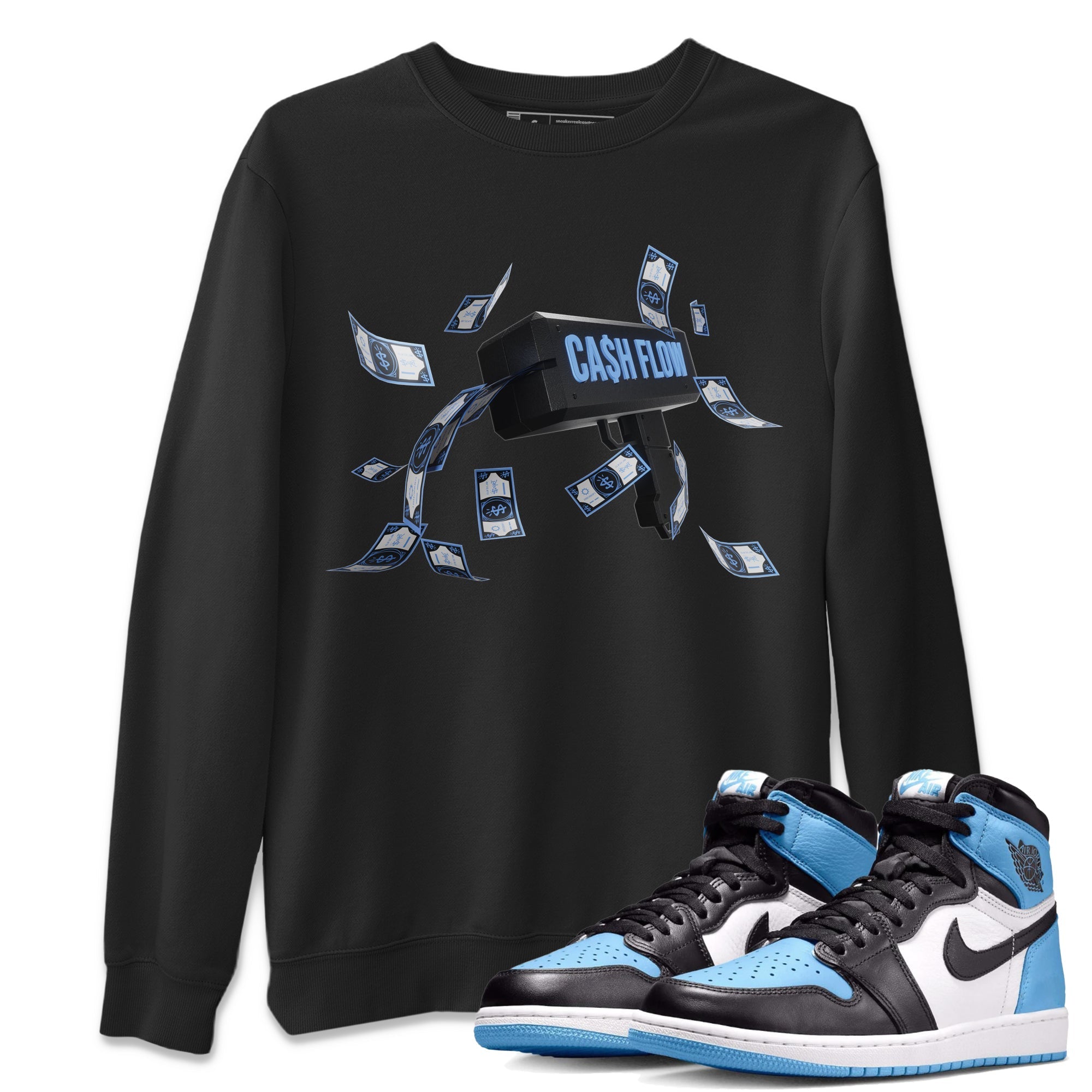 Air Jordan 1 Retro High OG UNC Toe Shirt to match Jordans Cash Flow Streetwear Sneaker Shirt 1s UNC Toe Drip Gear Zone Sneaker Matching Clothing Crew Neck T-Shirts Black 1