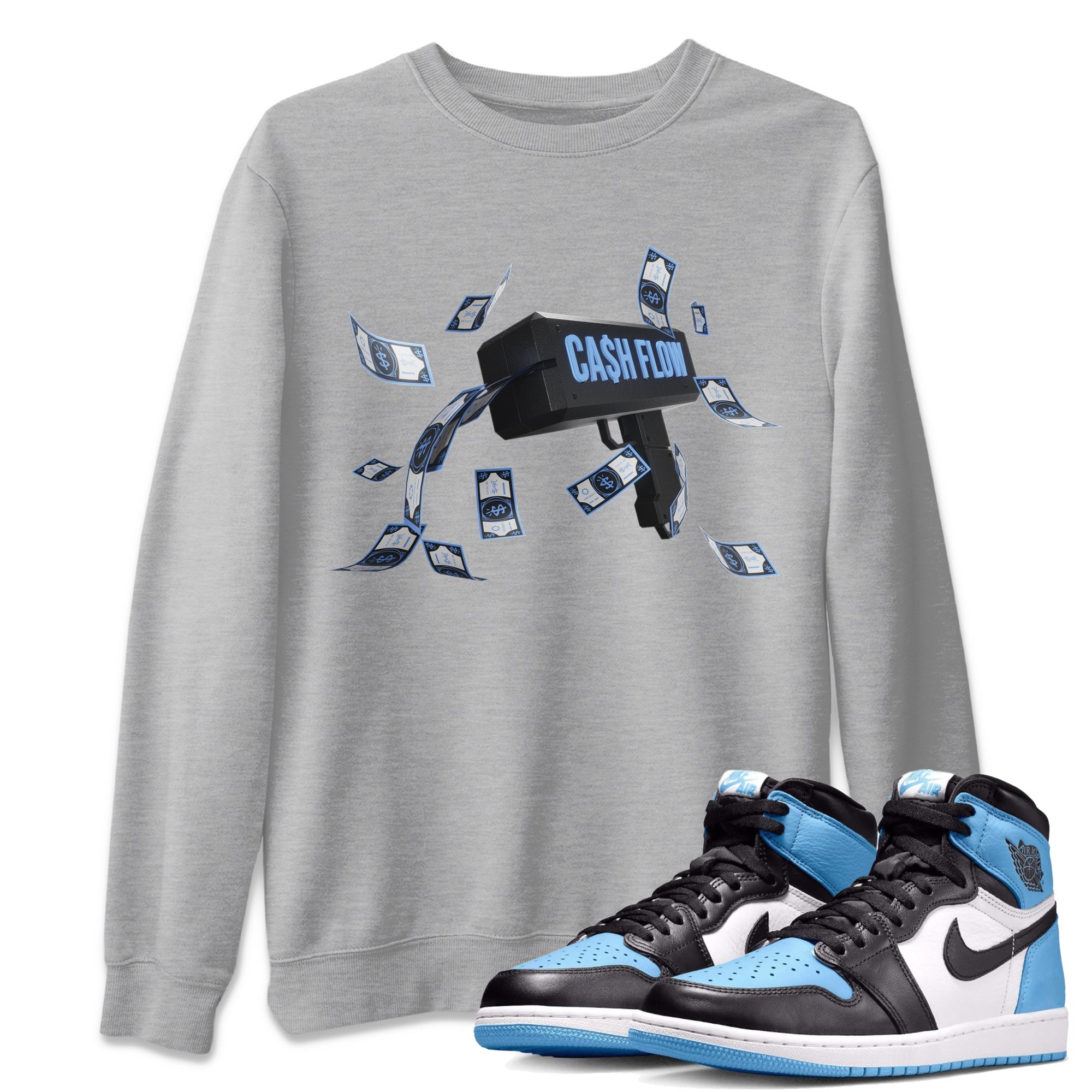 Air Jordan 1 Retro High OG UNC Toe Shirt to match Jordans Cash Flow Streetwear Sneaker Shirt 1s UNC Toe Drip Gear Zone Sneaker Matching Clothing Crew Neck T-Shirts Heather Grey 1