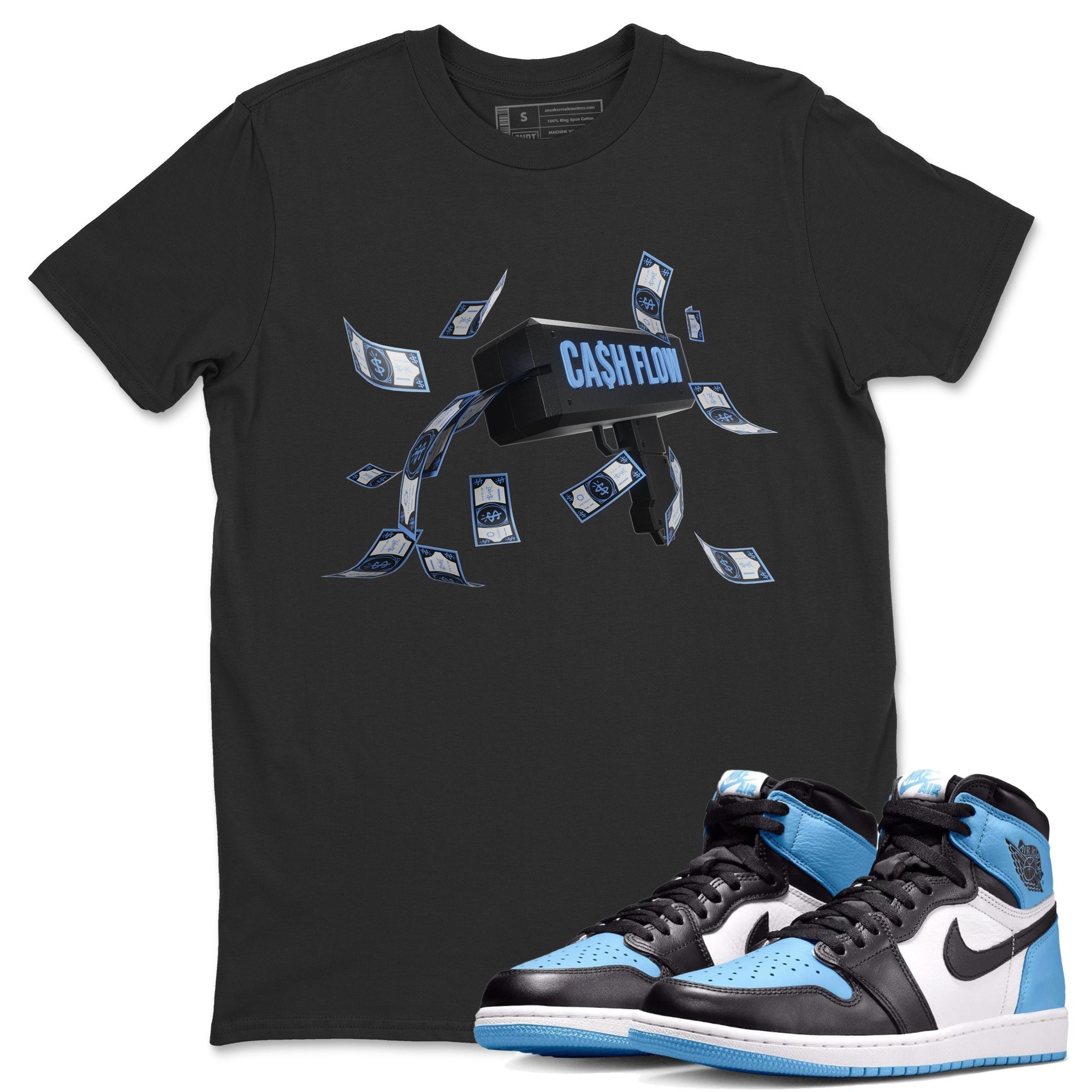 Air Jordan 1 Retro High OG UNC Toe Shirt to match Jordans Cash Flow Streetwear Sneaker Shirt 1s UNC Toe Drip Gear Zone Sneaker Matching Clothing Crew Neck T-Shirts Black 1