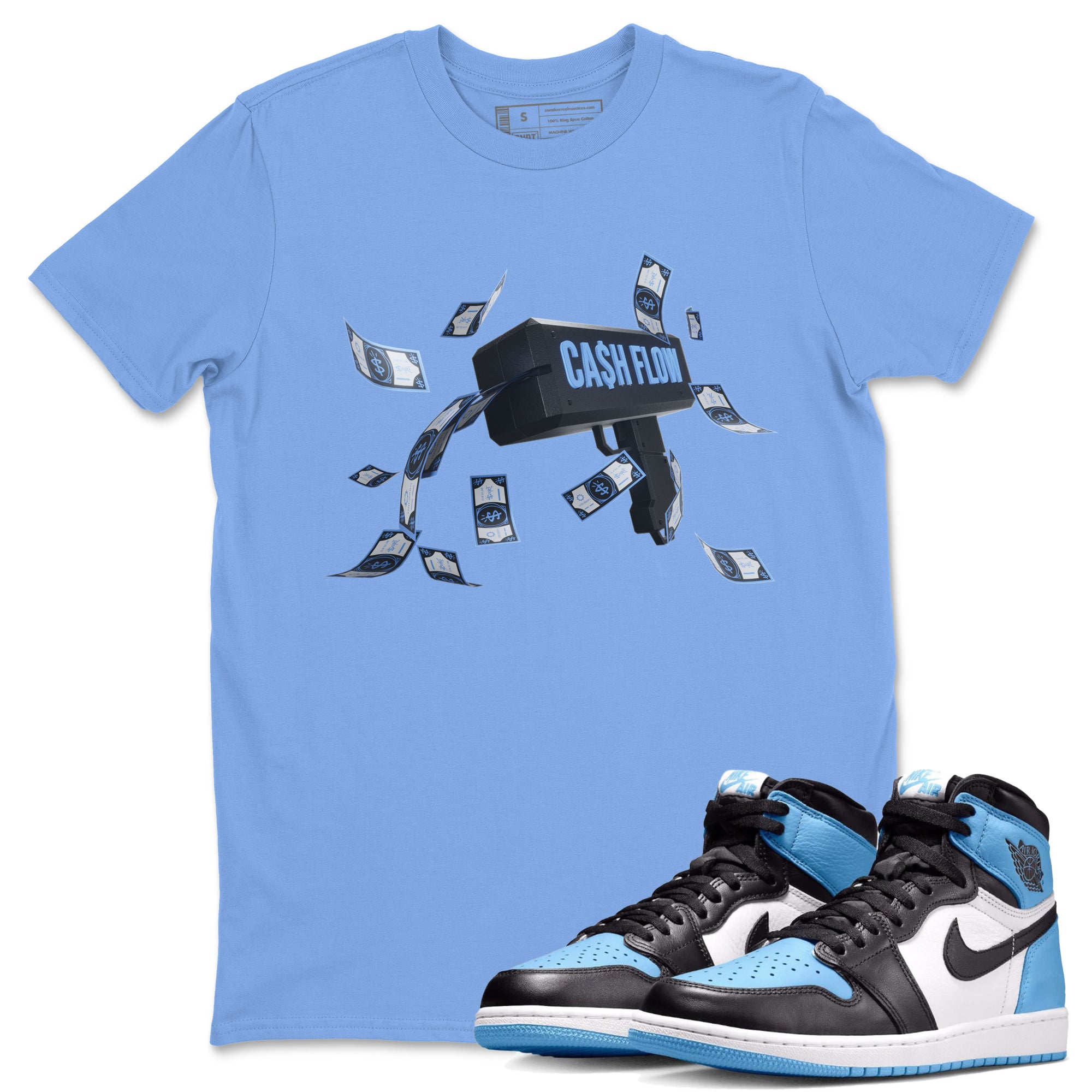 Air Jordan 1 Retro High OG UNC Toe Shirt to match Jordans Cash Flow Streetwear Sneaker Shirt 1s UNC Toe Drip Gear Zone Sneaker Matching Clothing Crew Neck T-Shirts Carolina Blue 1