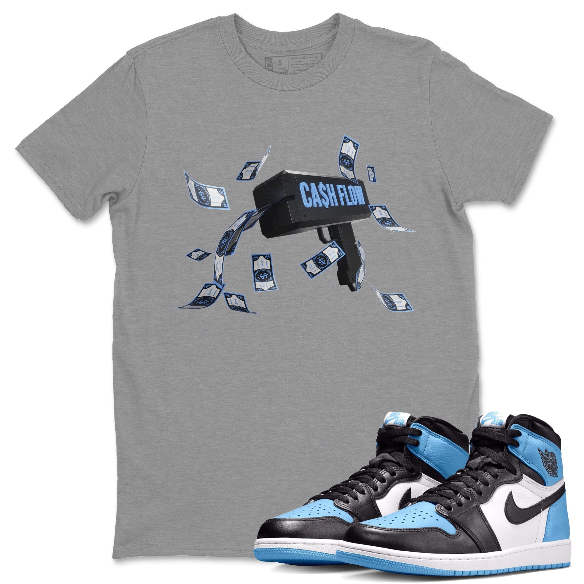 Air Jordan 1 Retro High OG UNC Toe Shirt to match Jordans Cash Flow Streetwear Sneaker Shirt 1s UNC Toe Drip Gear Zone Sneaker Matching Clothing Crew Neck T-Shirts Heather Grey 1