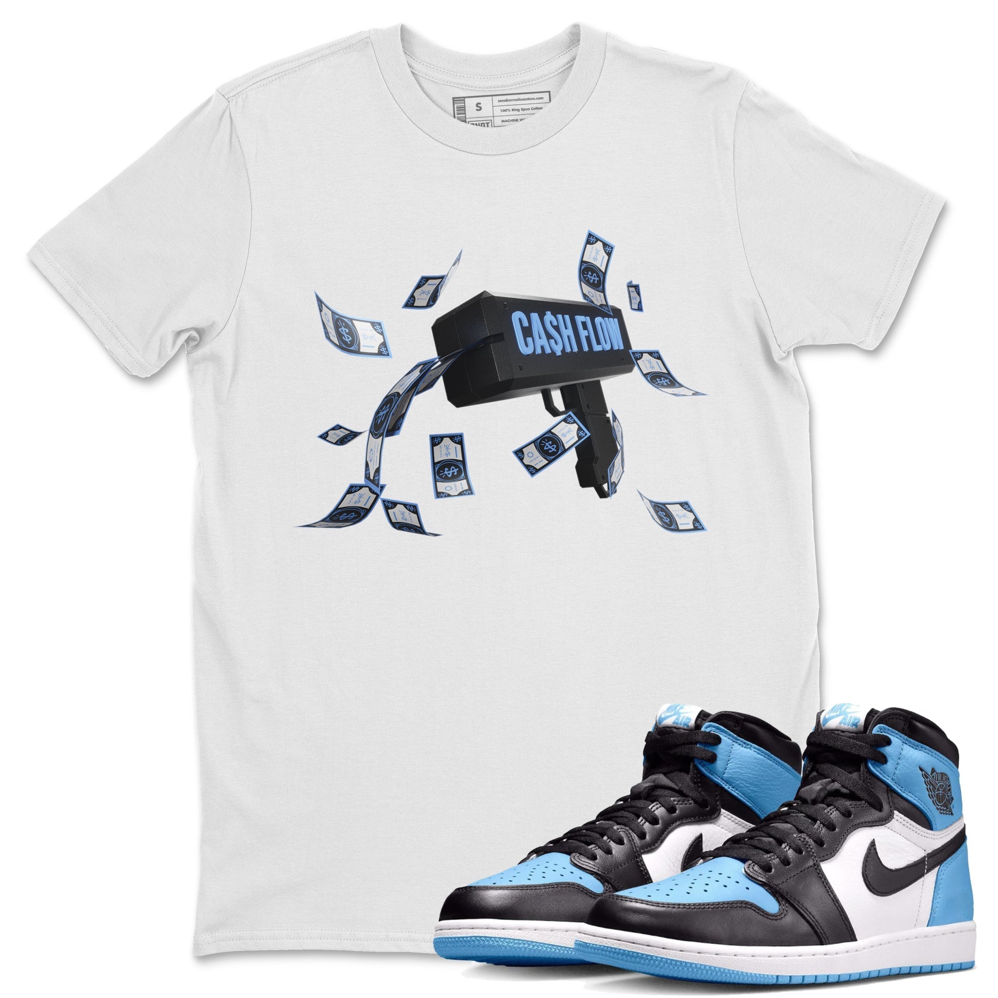 Air Jordan 1 Retro High OG UNC Toe Shirt to match Jordans Cash Flow Streetwear Sneaker Shirt 1s UNC Toe Drip Gear Zone Sneaker Matching Clothing Crew Neck T-Shirts White 1