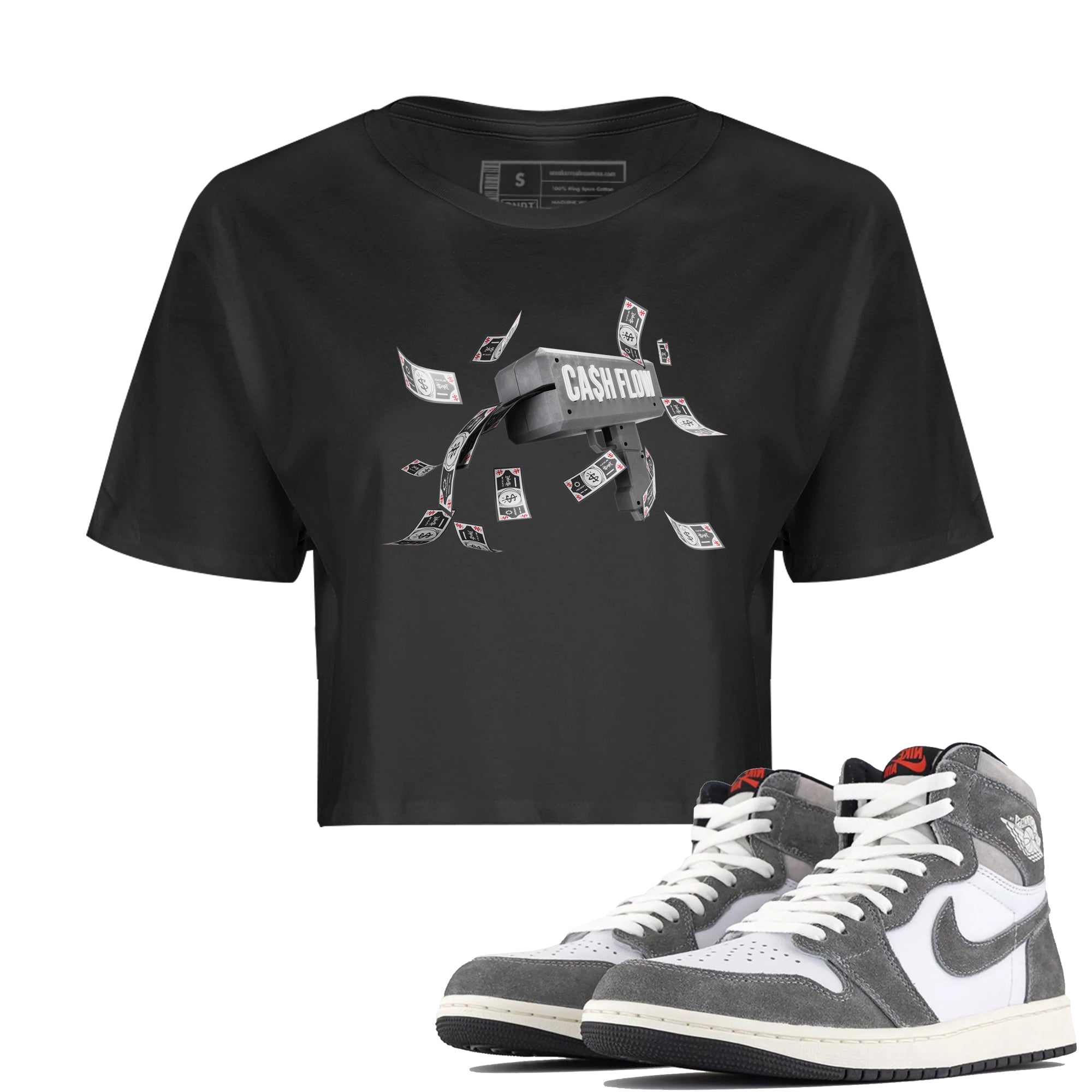 Air Jordan 1 Washed Heritage Sneaker Match Tees Cash Flow Streetwear Sneaker Shirt AJ1 OG HIGH Washed Heritage Sneaker Release Tees Women's Shirts Black 1