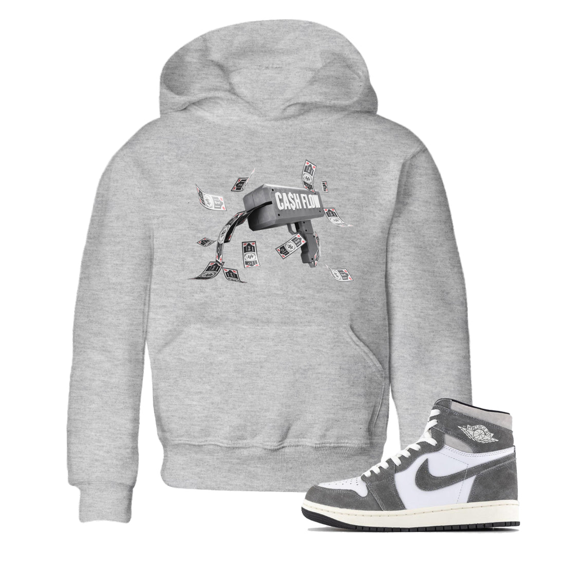 Air Jordan 1 Washed Heritage Sneaker Match Tees Cash Flow Streetwear Sneaker Shirt AJ1 OG HIGH Washed Heritage Sneaker Release Tees Kids Shirts Heather Grey 1