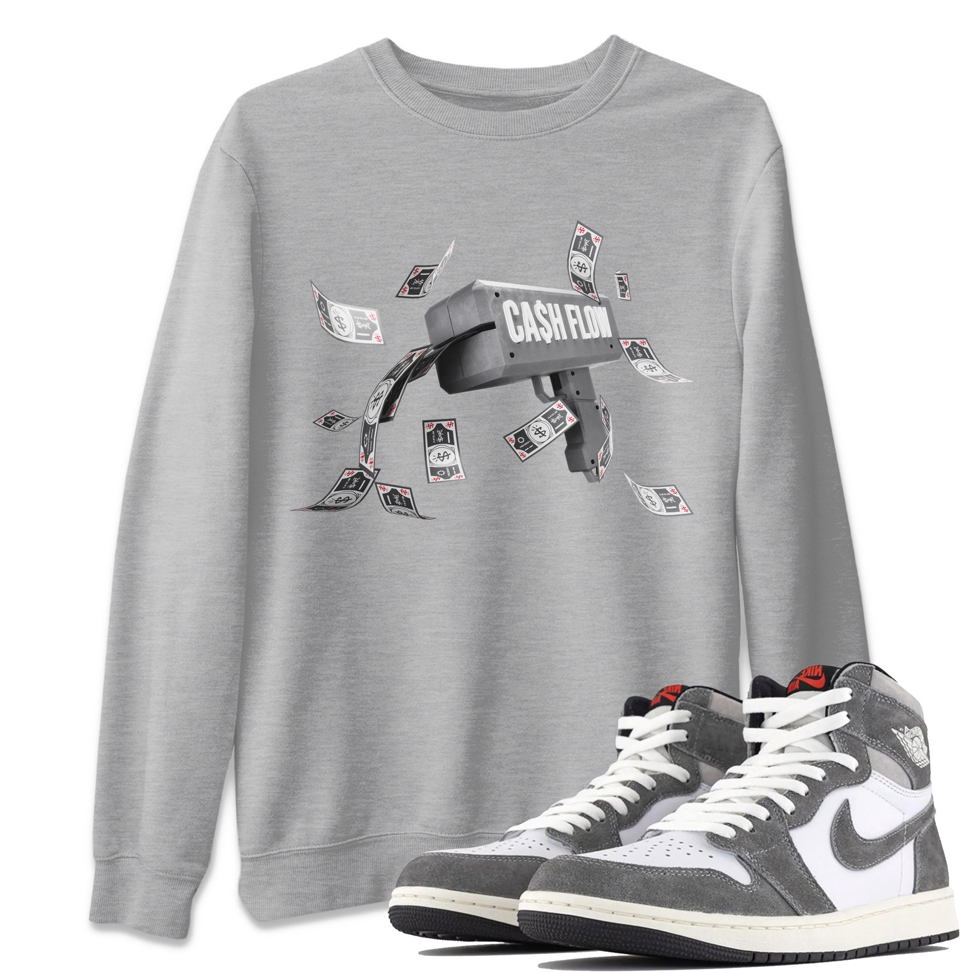 Air Jordan 1 Washed Heritage Sneaker Match Tees Cash Flow Streetwear Sneaker Shirt AJ1 OG HIGH Washed Heritage Sneaker Release Tees Unisex Shirts Heather Grey 1
