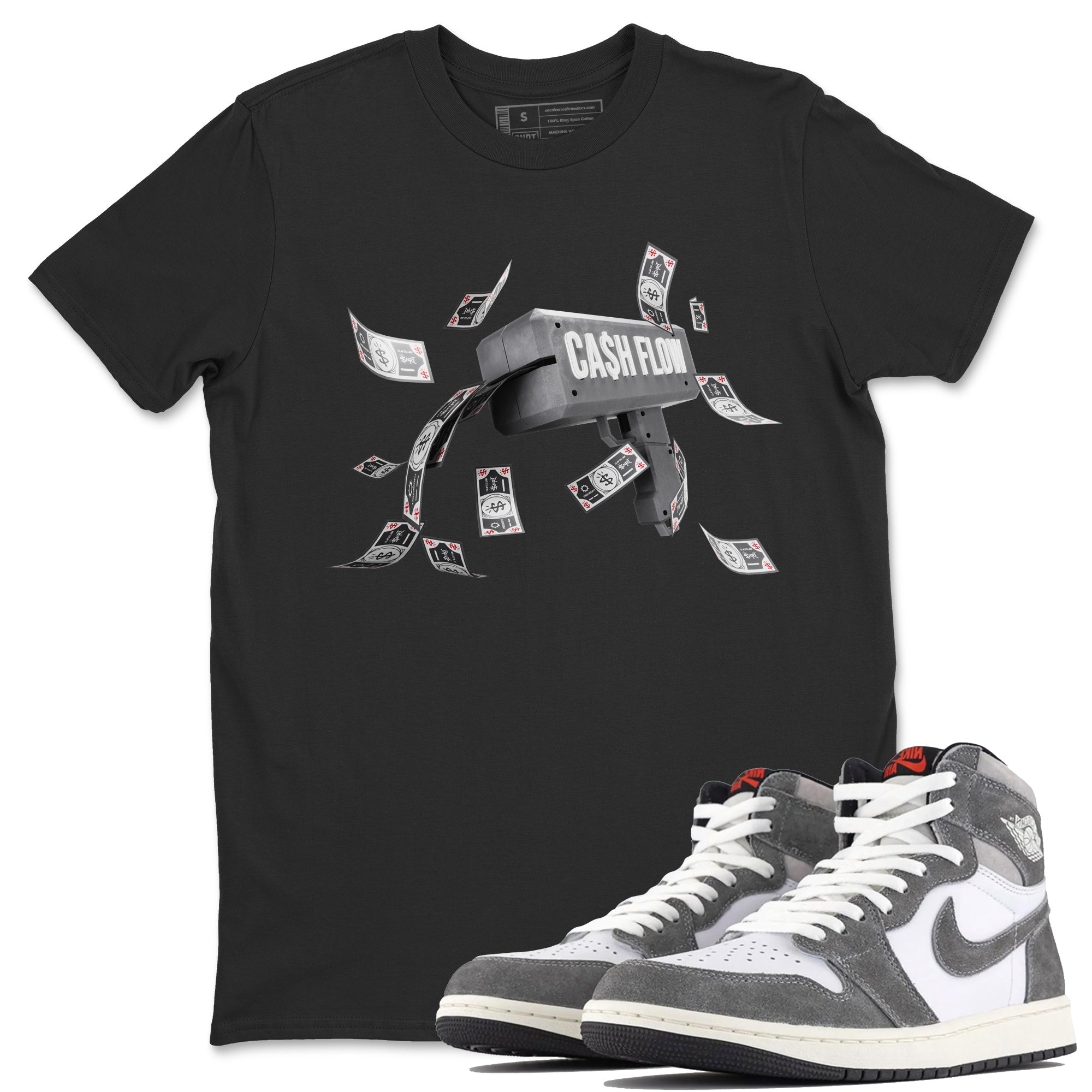 Air Jordan 1 Washed Heritage Sneaker Match Tees Cash Flow Streetwear Sneaker Shirt AJ1 OG HIGH Washed Heritage Sneaker Release Tees Unisex Shirts Black 1