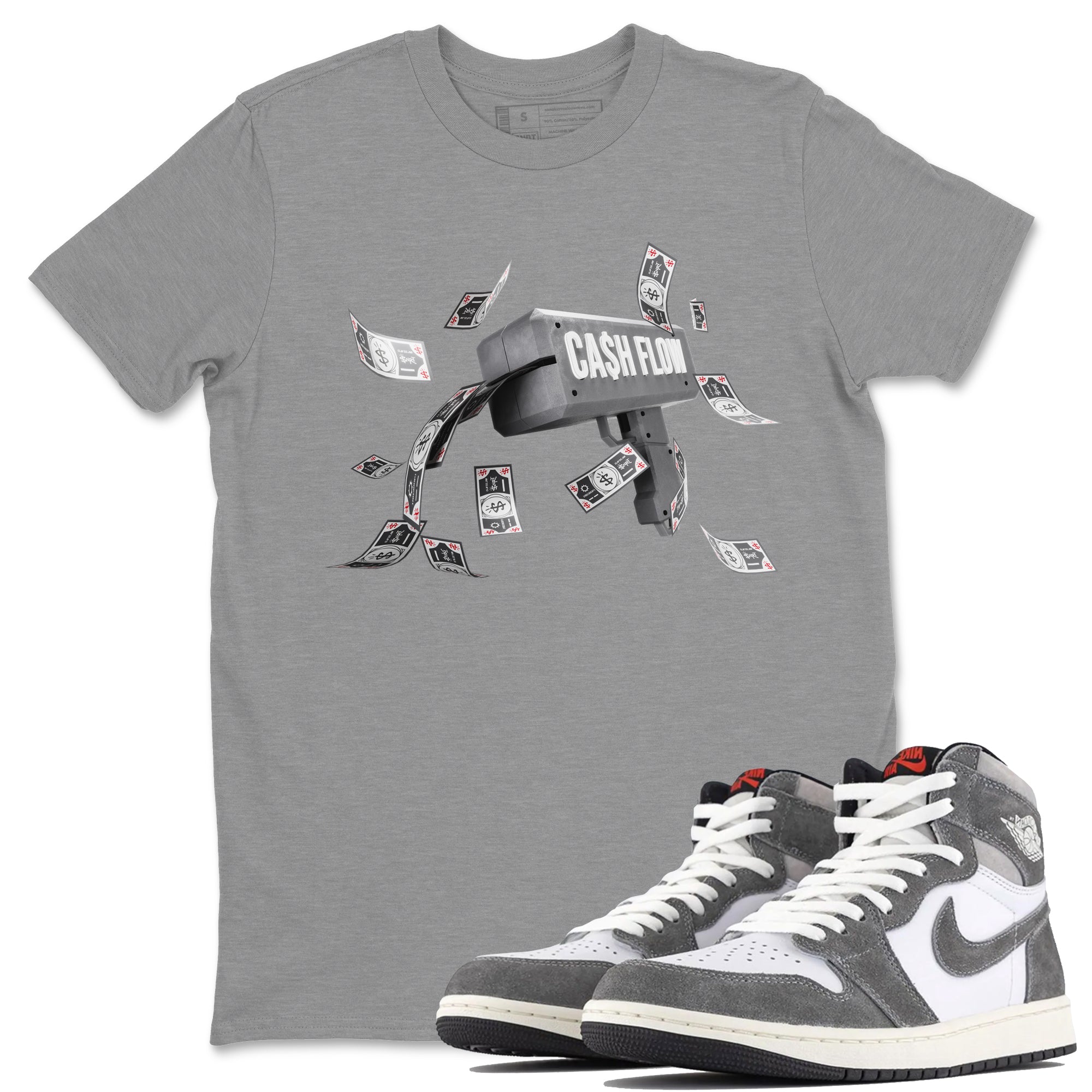 Air Jordan 1 Washed Heritage Sneaker Match Tees Cash Flow Streetwear Sneaker Shirt AJ1 OG HIGH Washed Heritage Sneaker Release Tees Unisex Shirts Heather Grey 1