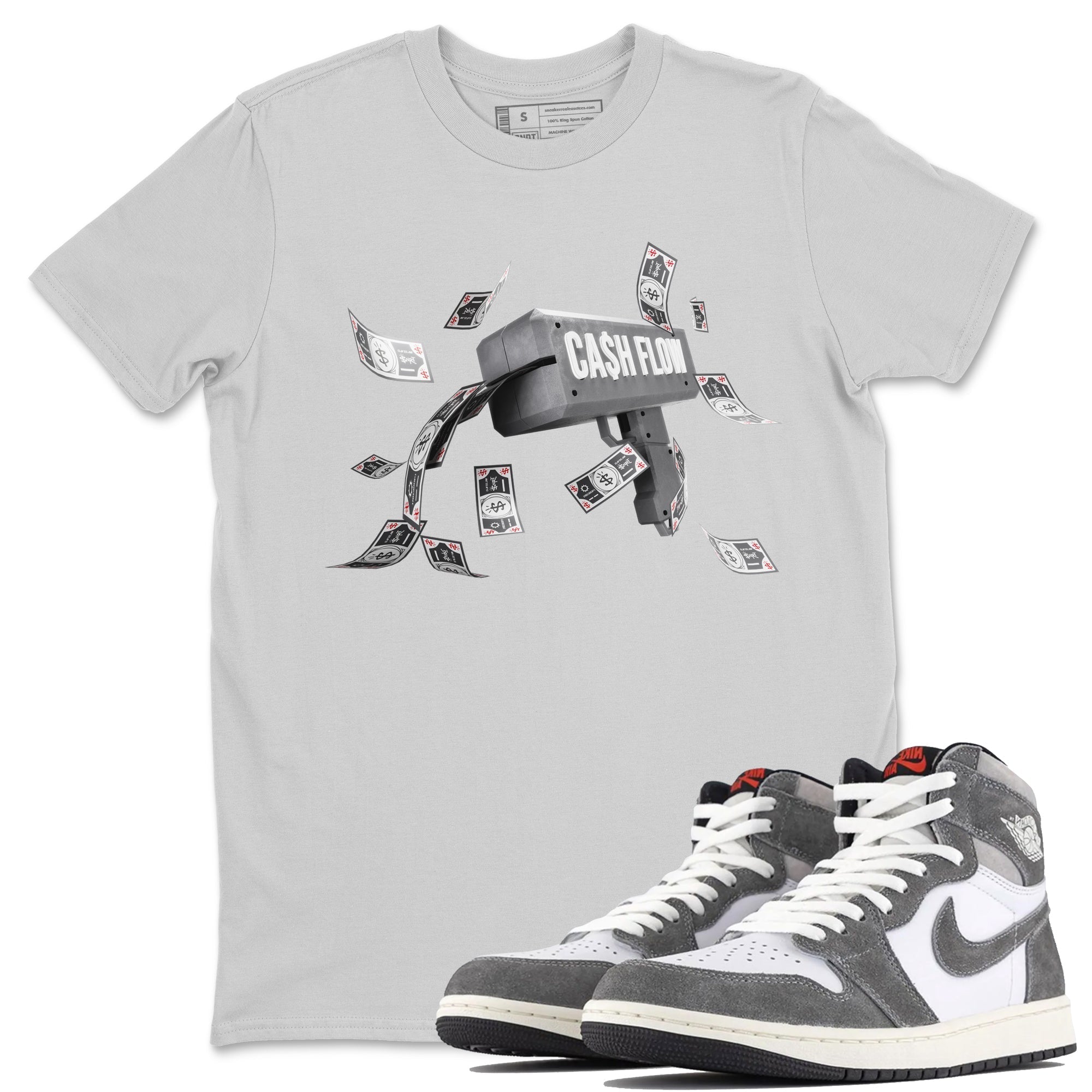 Air Jordan 1 Washed Heritage Sneaker Match Tees Cash Flow Streetwear Sneaker Shirt AJ1 OG HIGH Washed Heritage Sneaker Release Tees Unisex Shirts Silver 1