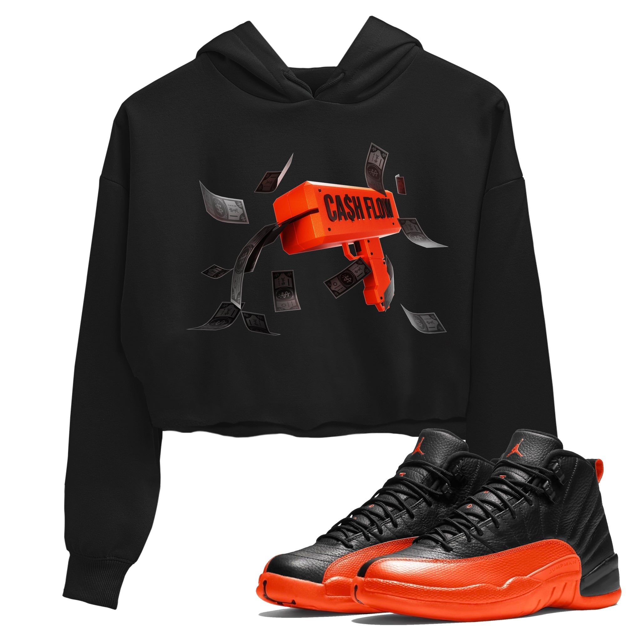Air Jordan 12 Brilliant Orange Sneaker Match Tees Cash Flow Streetwear Sneaker Shirt AJ12 Brilliant Orange Sneaker Release Tees Women's Shirts Black 1