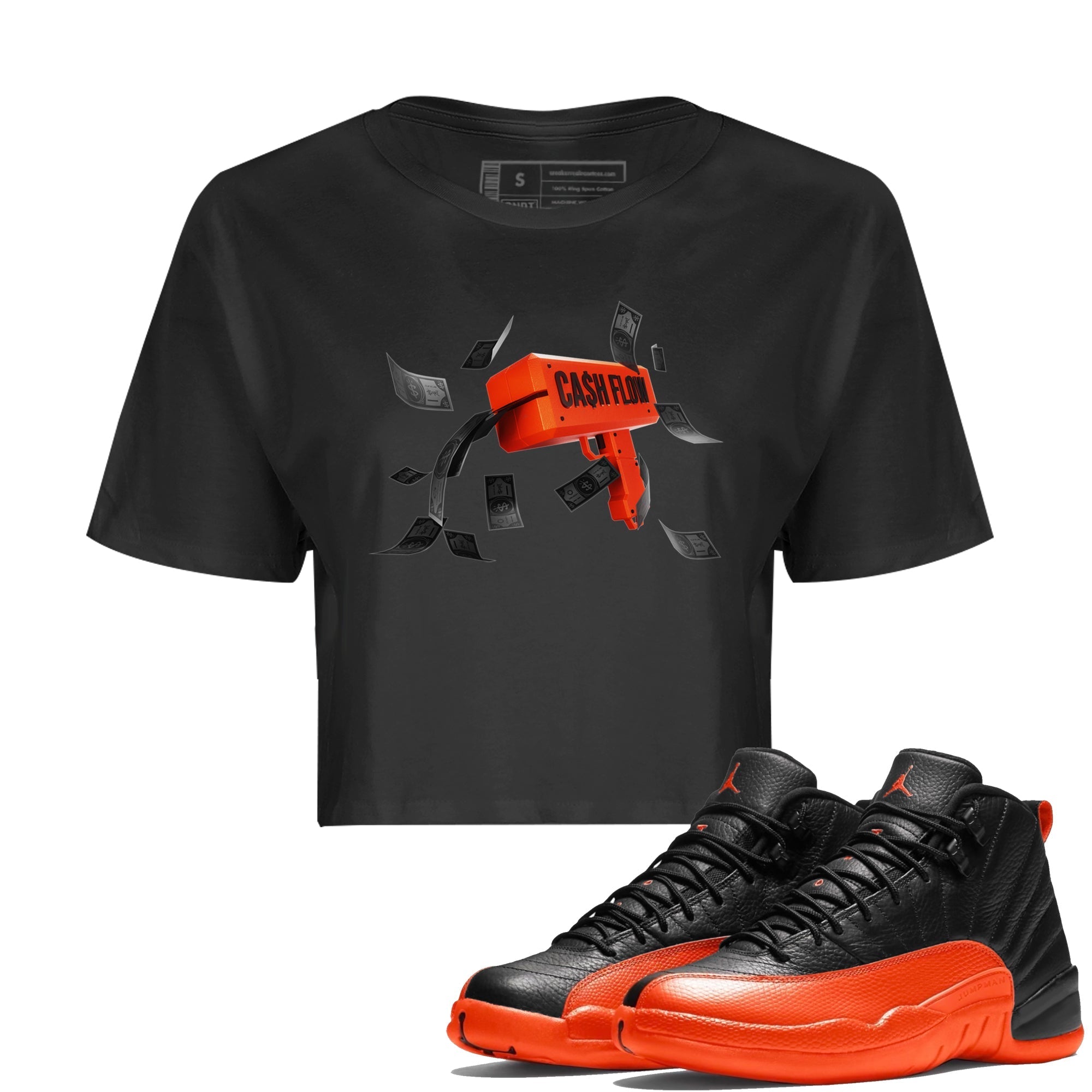 Air Jordan 12 Brilliant Orange Sneaker Match Tees Cash Flow Streetwear Sneaker Shirt AJ12 Brilliant Orange Sneaker Release Tees Women's Shirts Black 1