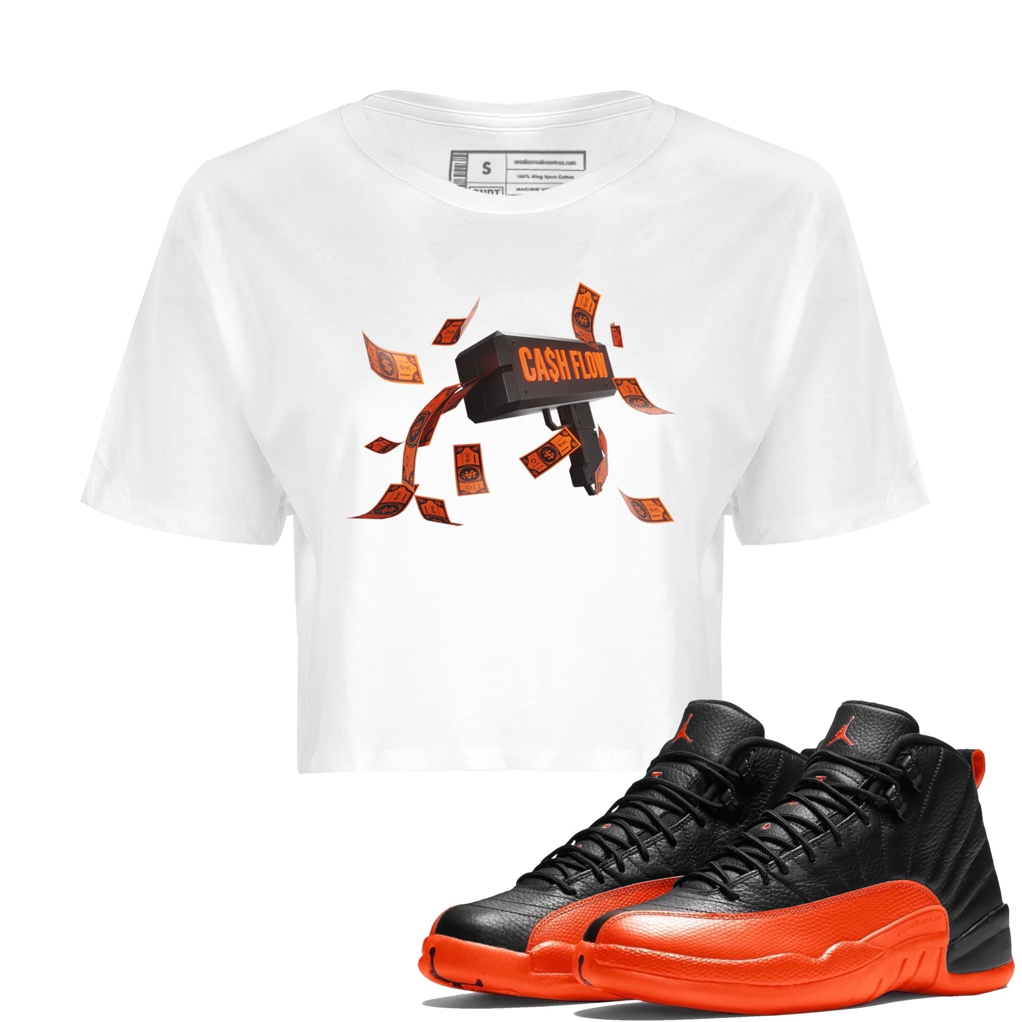 Air Jordan 12 Brilliant Orange Sneaker Match Tees Cash Flow Streetwear Sneaker Shirt AJ12 Brilliant Orange Sneaker Release Tees Women's Shirts White 1