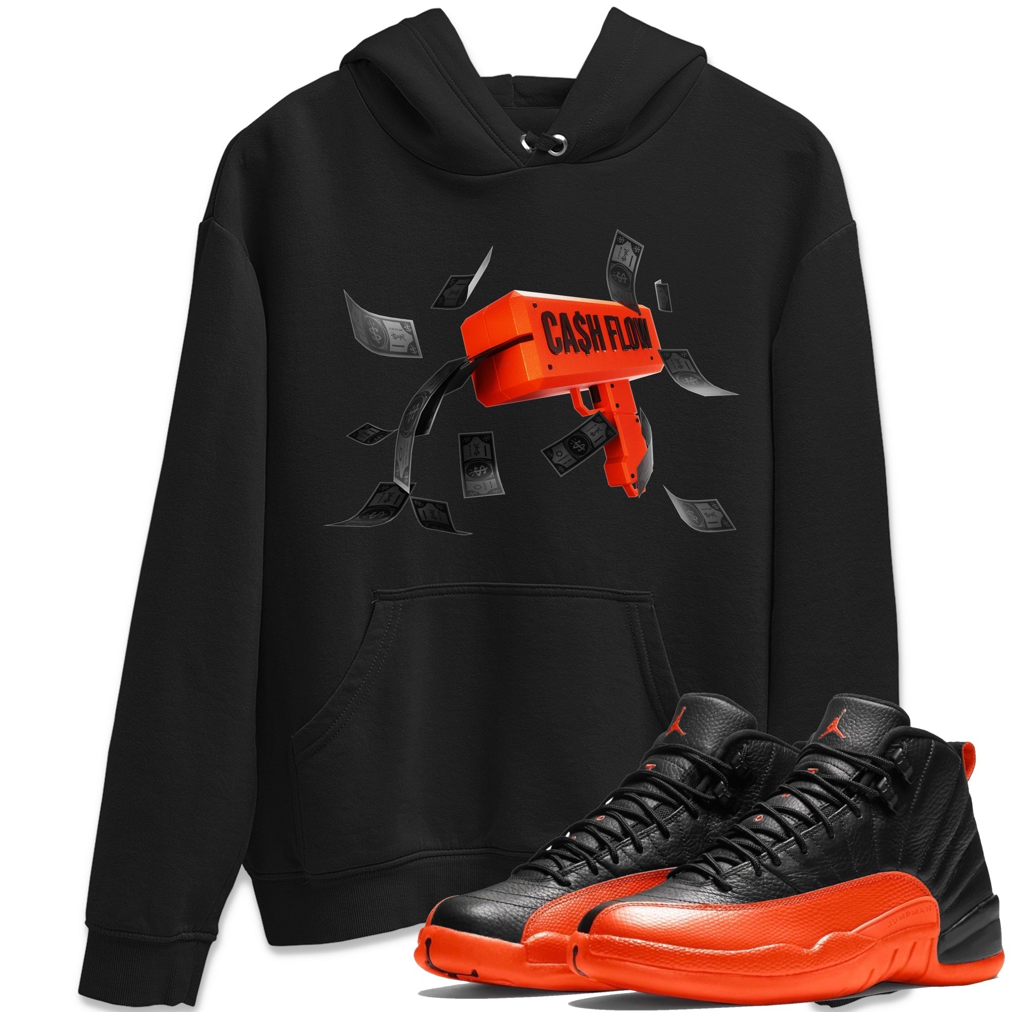 Air Jordan 12 Brilliant Orange Sneaker Match Tees Cash Flow Streetwear Sneaker Shirt AJ12 Brilliant Orange Sneaker Release Tees Unisex Shirts Black 1