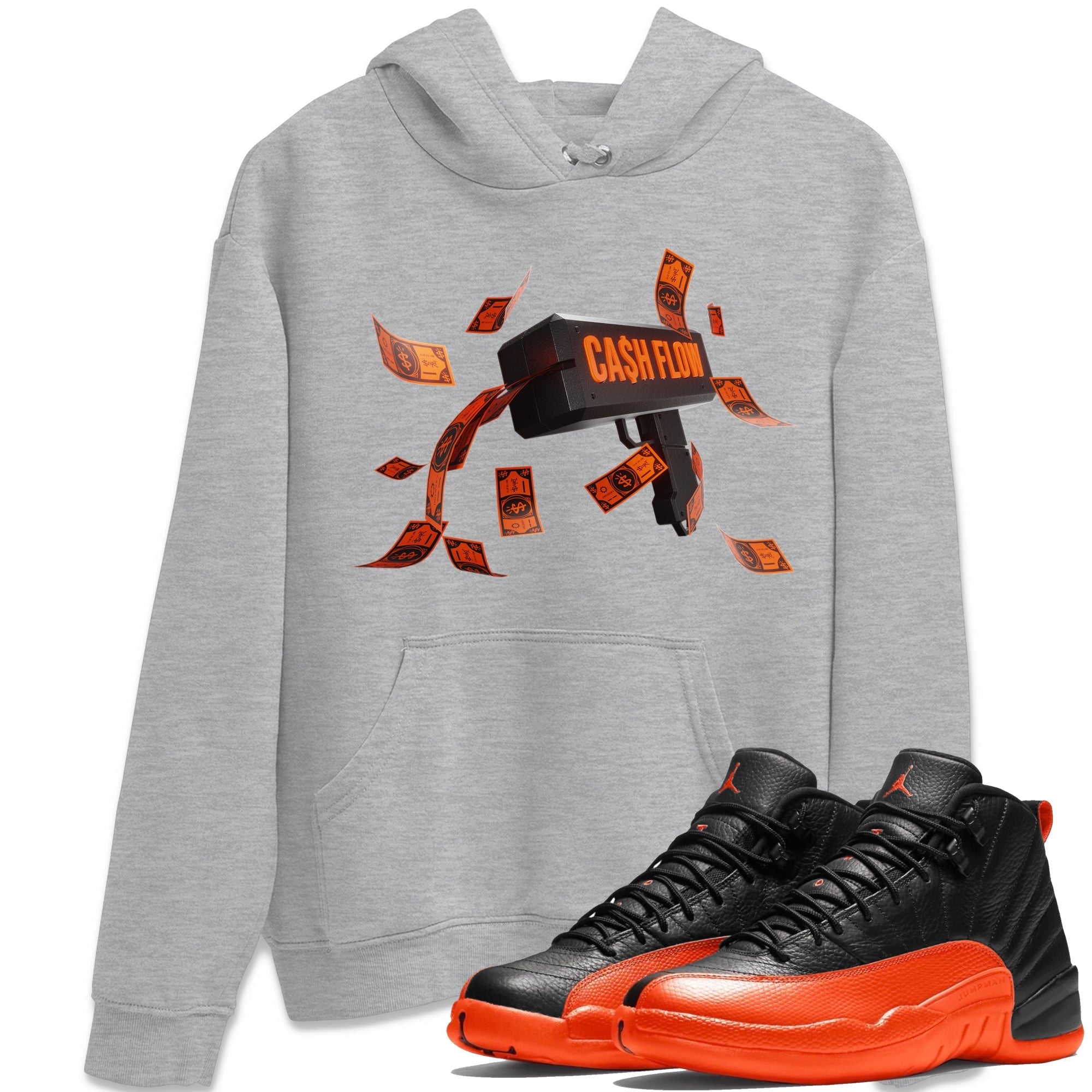 Air Jordan 12 Brilliant Orange Sneaker Match Tees Cash Flow Streetwear Sneaker Shirt AJ12 Brilliant Orange Sneaker Release Tees Unisex Shirts Heather Grey 1