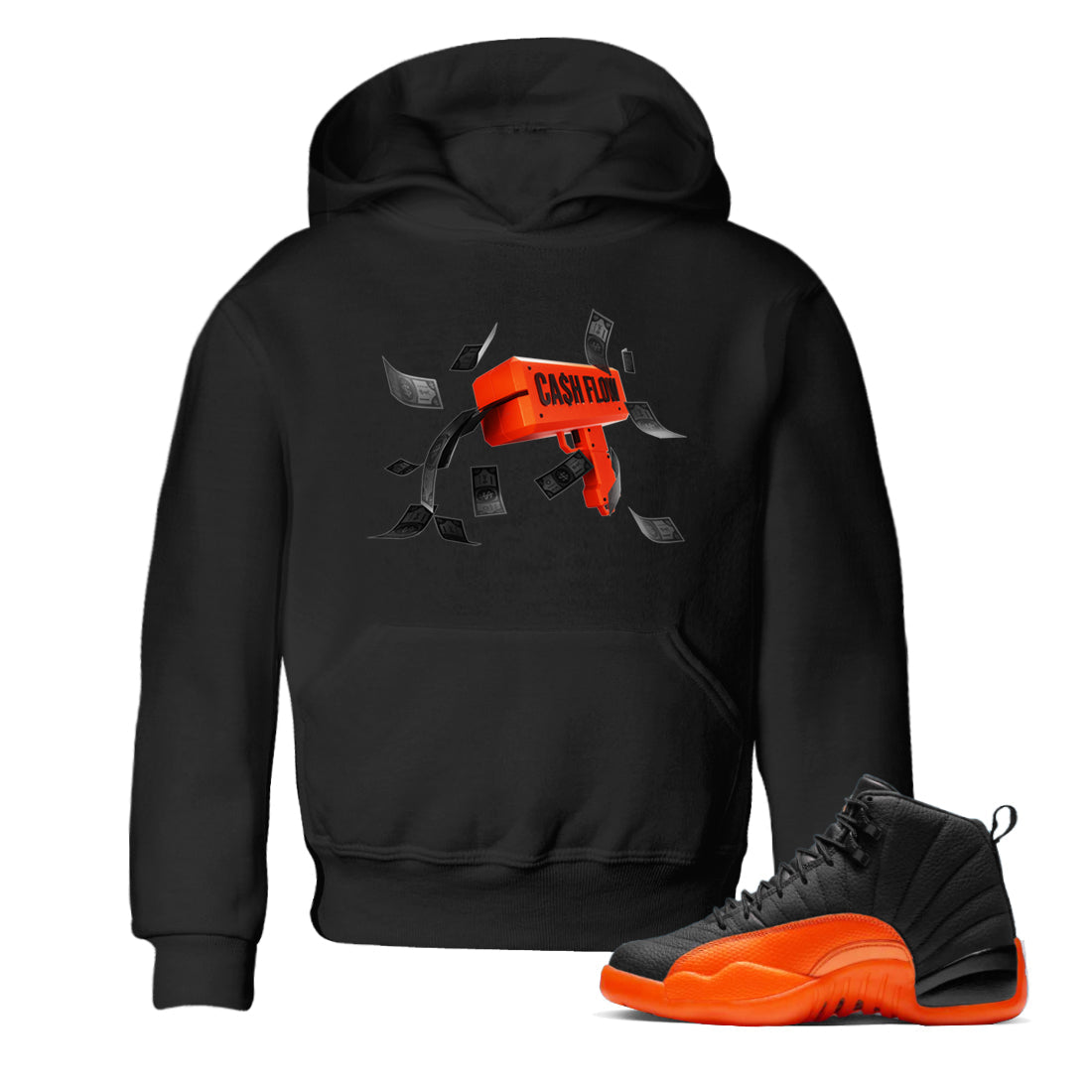 Air Jordan 12 Brilliant Orange Sneaker Match Tees Cash Flow Streetwear Sneaker Shirt AJ12 Brilliant Orange Sneaker Release Tees Kids Shirts Black 1