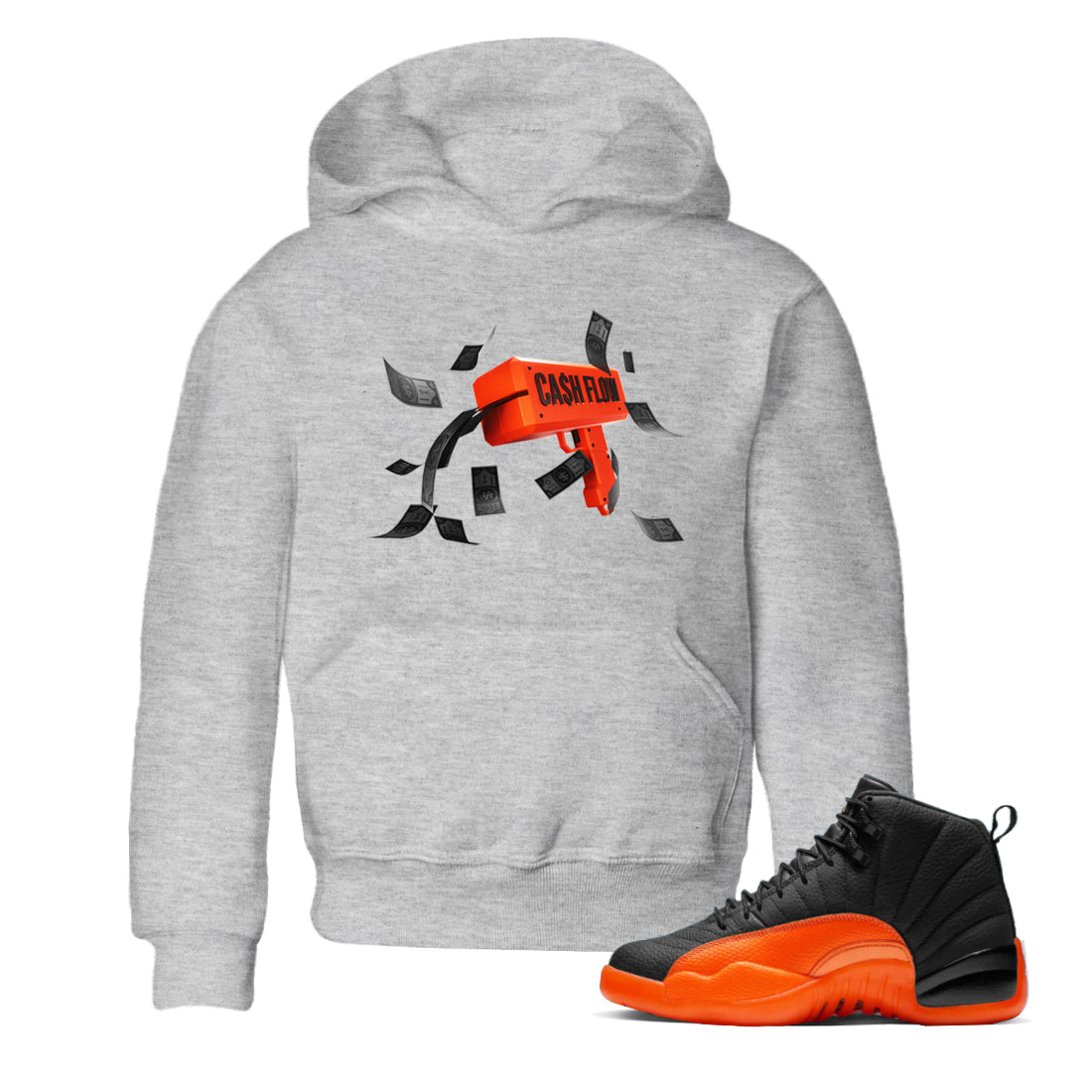 Air Jordan 12 Brilliant Orange Sneaker Match Tees Cash Flow Streetwear Sneaker Shirt AJ12 Brilliant Orange Sneaker Release Tees Kids Shirts Heather Grey 1