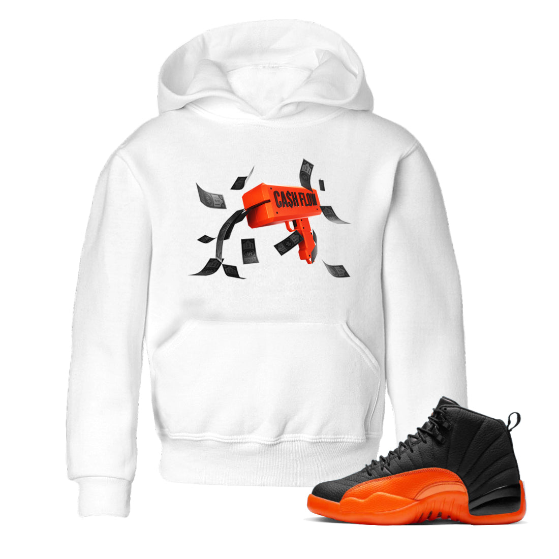 Air Jordan 12 Brilliant Orange Sneaker Match Tees Cash Flow Streetwear Sneaker Shirt AJ12 Brilliant Orange Sneaker Release Tees Kids Shirts White 1