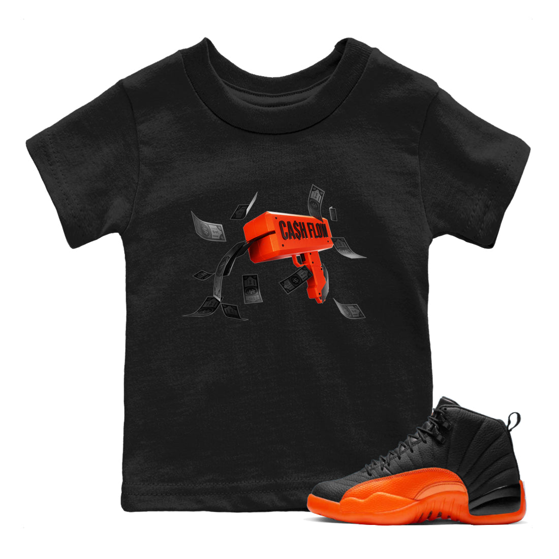 Air Jordan 12 Brilliant Orange Sneaker Match Tees Cash Flow Streetwear Sneaker Shirt AJ12 Brilliant Orange Sneaker Release Tees Kids Shirts Black 1