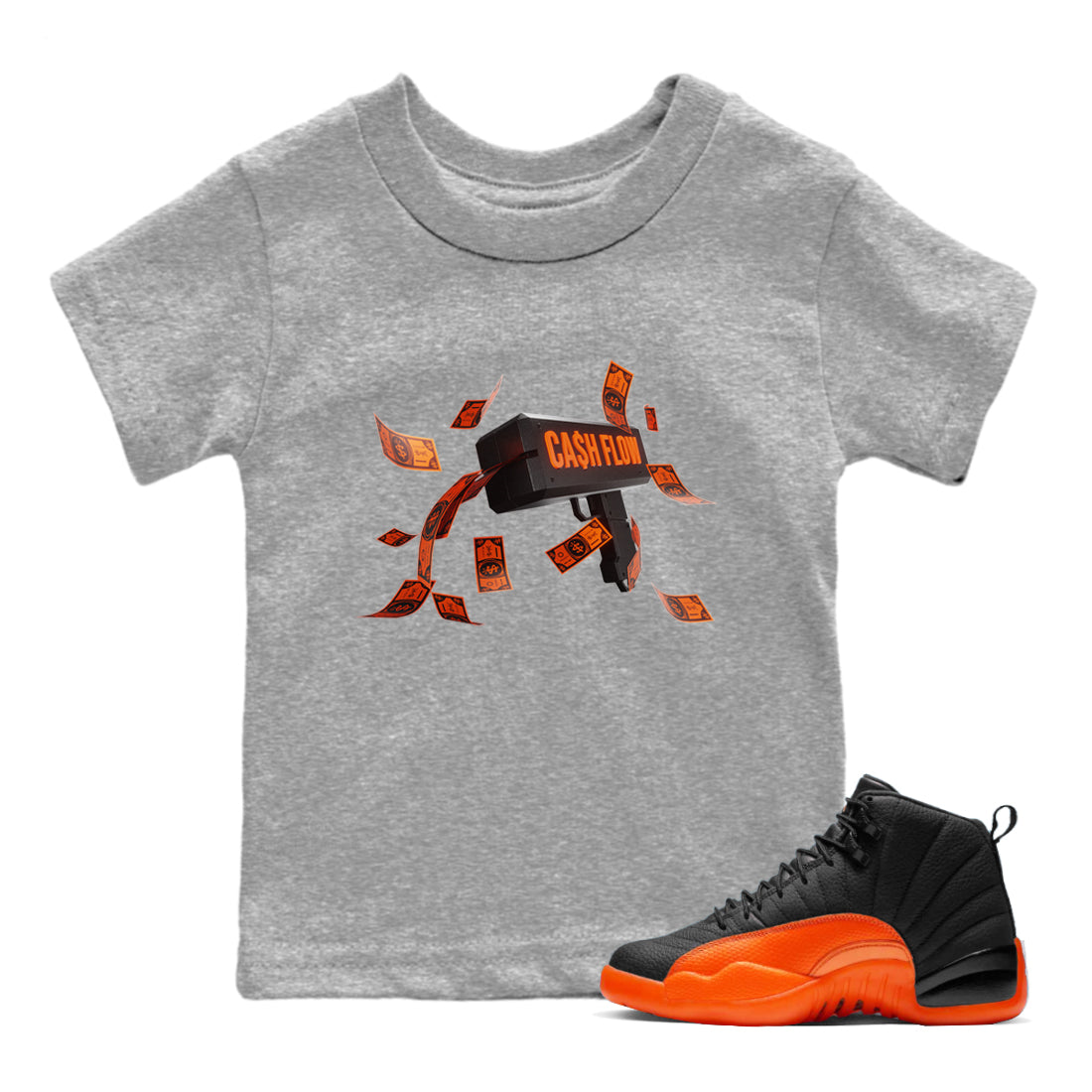 Air Jordan 12 Brilliant Orange Sneaker Match Tees Cash Flow Streetwear Sneaker Shirt AJ12 Brilliant Orange Sneaker Release Tees Kids Shirts Heather Grey 1