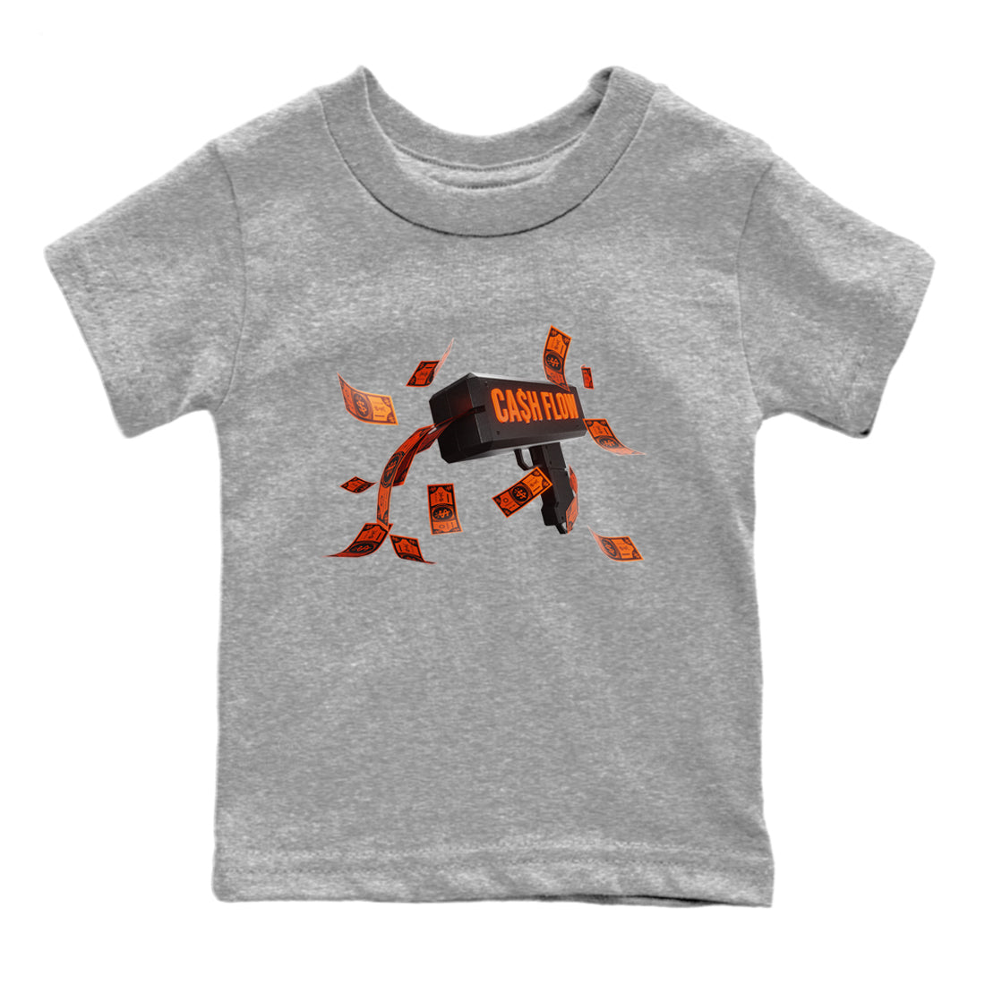 Air Jordan 12 Brilliant Orange Sneaker Match Tees Cash Flow Streetwear Sneaker Shirt AJ12 Brilliant Orange Sneaker Release Tees Kids Shirts Heather Grey 2