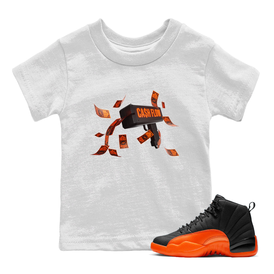 Air Jordan 12 Brilliant Orange Sneaker Match Tees Cash Flow Streetwear Sneaker Shirt AJ12 Brilliant Orange Sneaker Release Tees Kids Shirts White 1