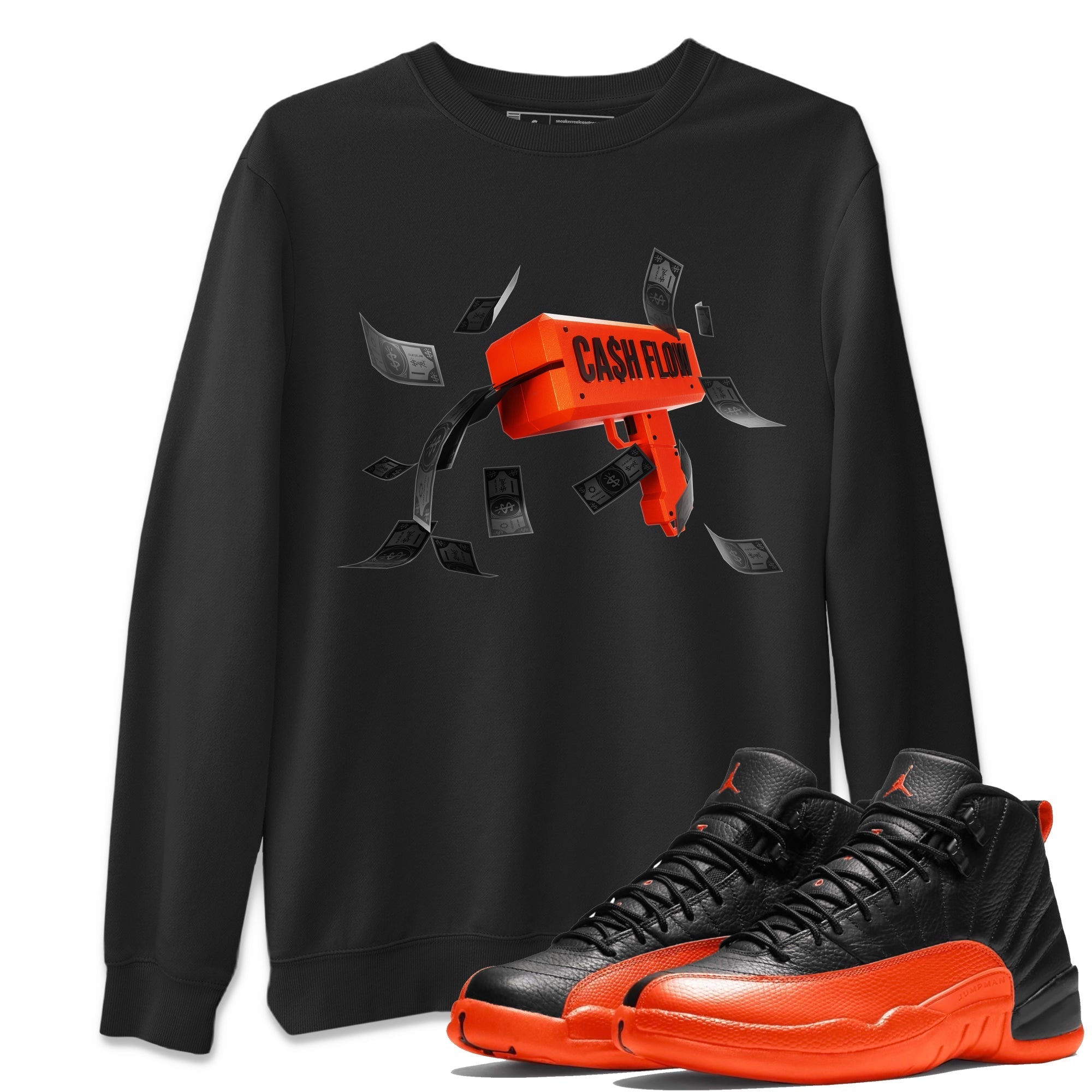Air Jordan 12 Brilliant Orange Sneaker Match Tees Cash Flow Streetwear Sneaker Shirt AJ12 Brilliant Orange Sneaker Release Tees Unisex Shirts Black 1