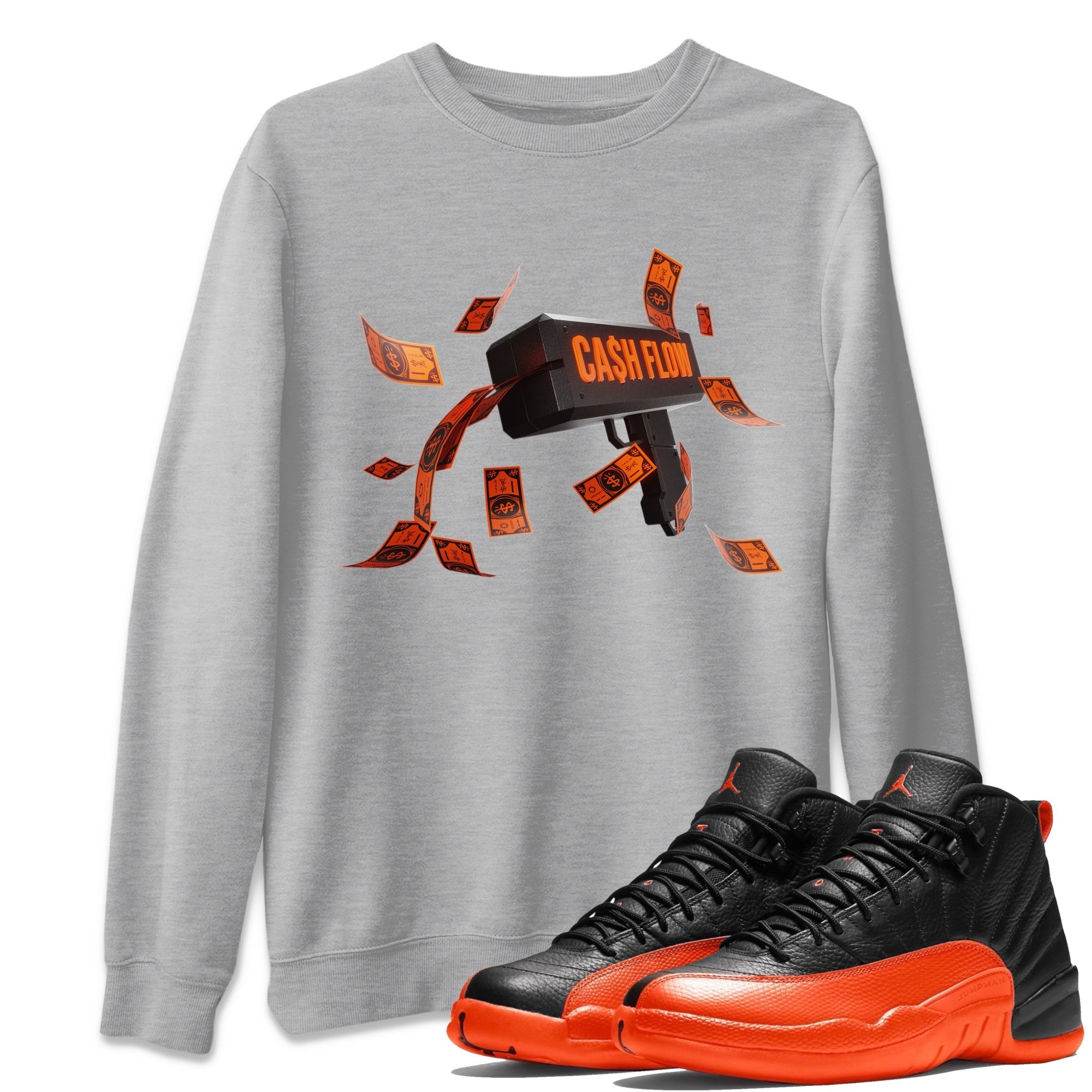 Air Jordan 12 Brilliant Orange Sneaker Match Tees Cash Flow Streetwear Sneaker Shirt AJ12 Brilliant Orange Sneaker Release Tees Unisex Shirts Heather Grey 1