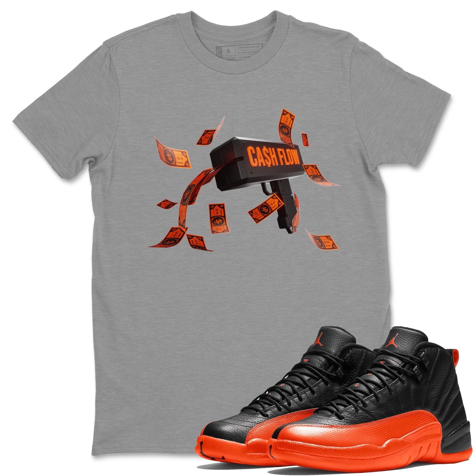 Air Jordan 12 Brilliant Orange Sneaker Match Tees Cash Flow Streetwear Sneaker Shirt AJ12 Brilliant Orange Sneaker Release Tees Unisex Shirts Heather Grey 1