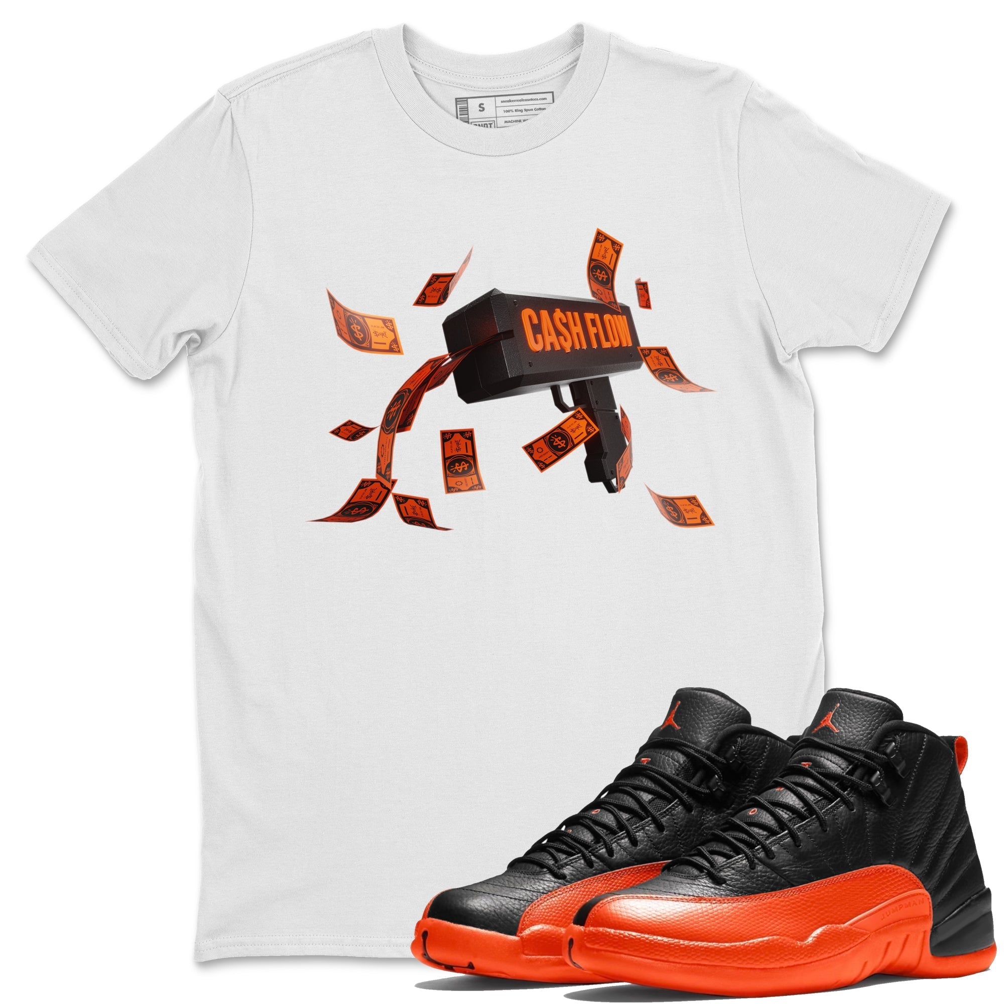 Air Jordan 12 Brilliant Orange Sneaker Match Tees Cash Flow Streetwear Sneaker Shirt AJ12 Brilliant Orange Sneaker Release Tees Unisex Shirts White 1