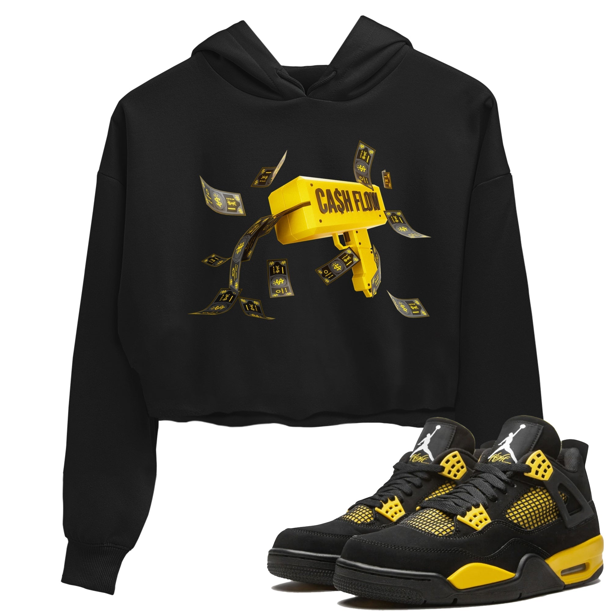 Air Jordan 4 Thunder Sneaker Match Tees Cash Flow Streetwear Sneaker Shirt AJ4 Thunder Sneaker Release Tees Women's Shirts Black 1