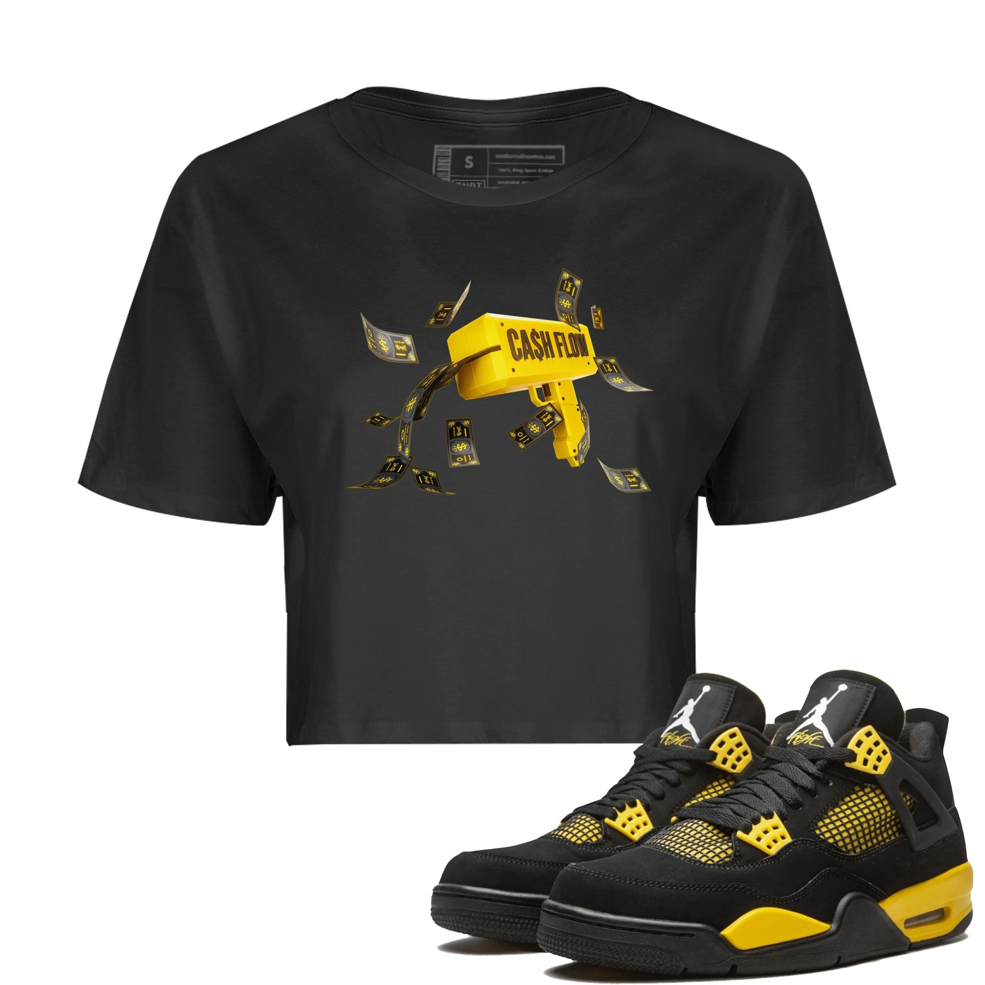 Air Jordan 4 Thunder Sneaker Match Tees Cash Flow Streetwear Sneaker Shirt AJ4 Thunder Sneaker Release Tees Women's Shirts Black 1