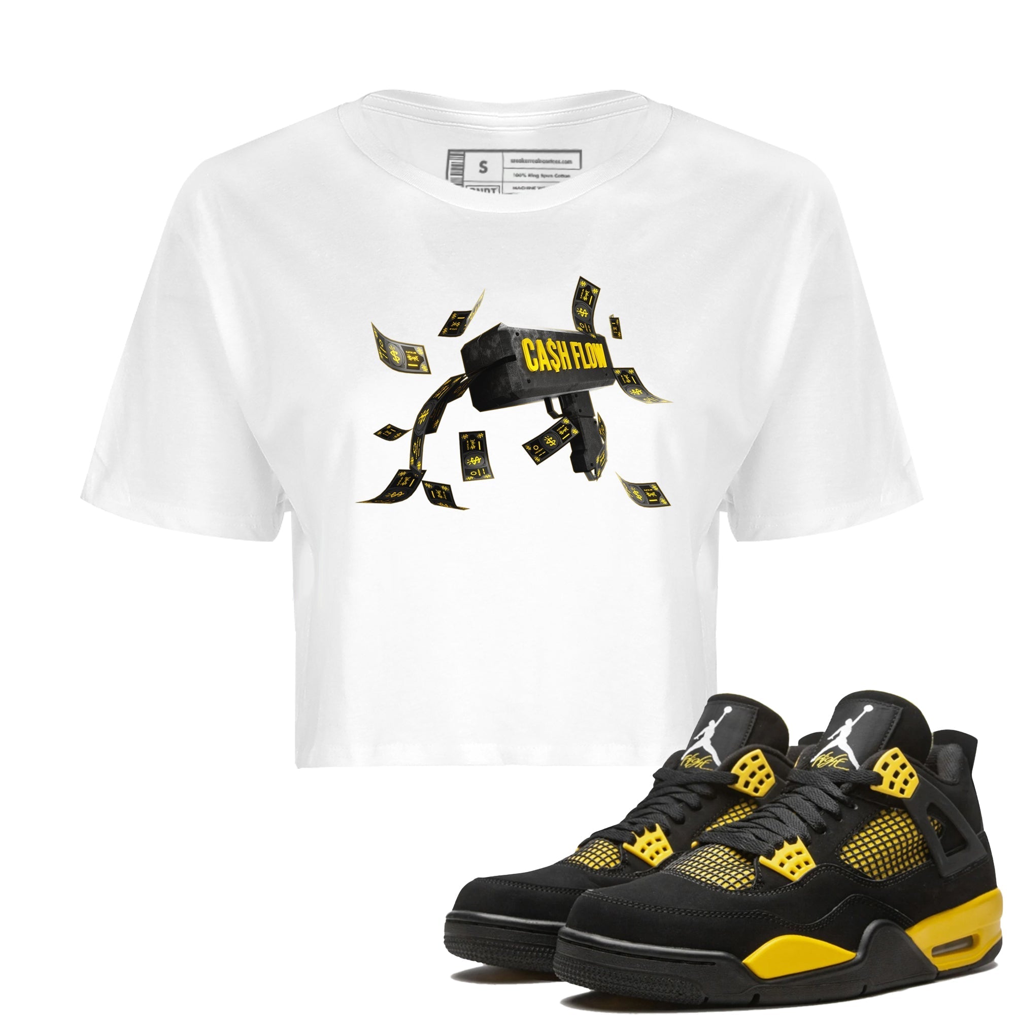 Air Jordan 4 Thunder Sneaker Match Tees Cash Flow Streetwear Sneaker Shirt AJ4 Thunder Sneaker Release Tees Women's Shirts White 1