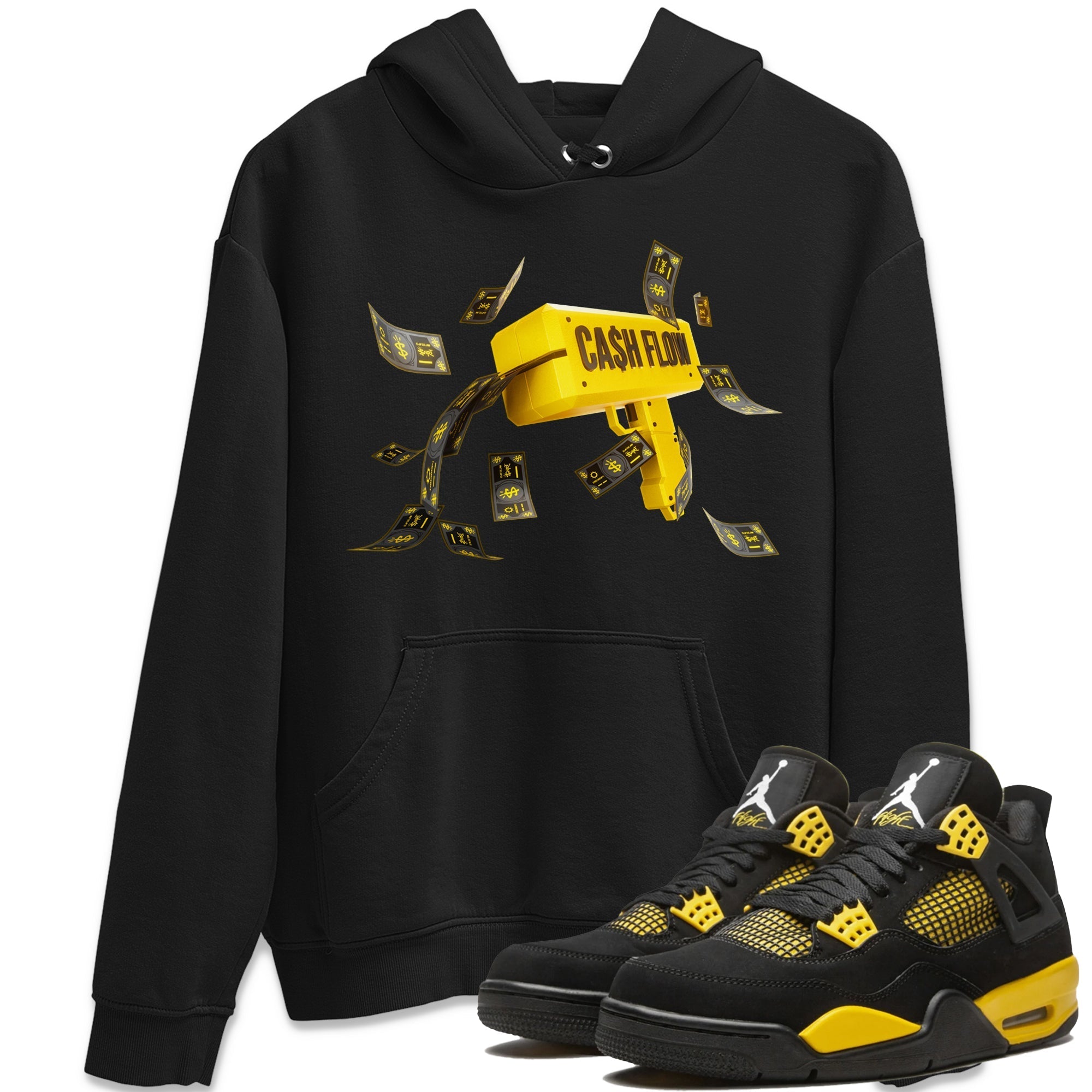 Air Jordan 4 Thunder Sneaker Match Tees Cash Flow Streetwear Sneaker Shirt AJ4 Thunder Sneaker Release Tees Unisex Shirts Black 1