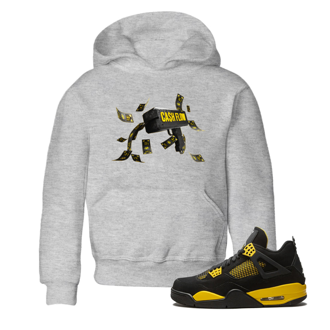 Air Jordan 4 Thunder Sneaker Match Tees Cash Flow Streetwear Sneaker Shirt AJ4 Thunder Sneaker Release Tees Kids Shirts Heather Grey 1