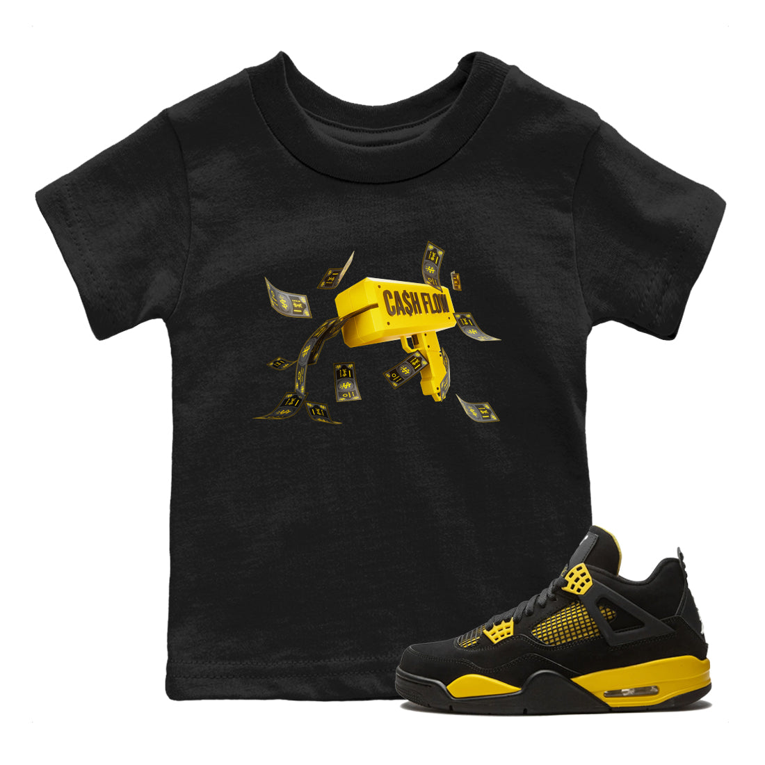Air Jordan 4 Thunder Sneaker Match Tees Cash Flow Streetwear Sneaker Shirt AJ4 Thunder Sneaker Release Tees Kids Shirts Black 1
