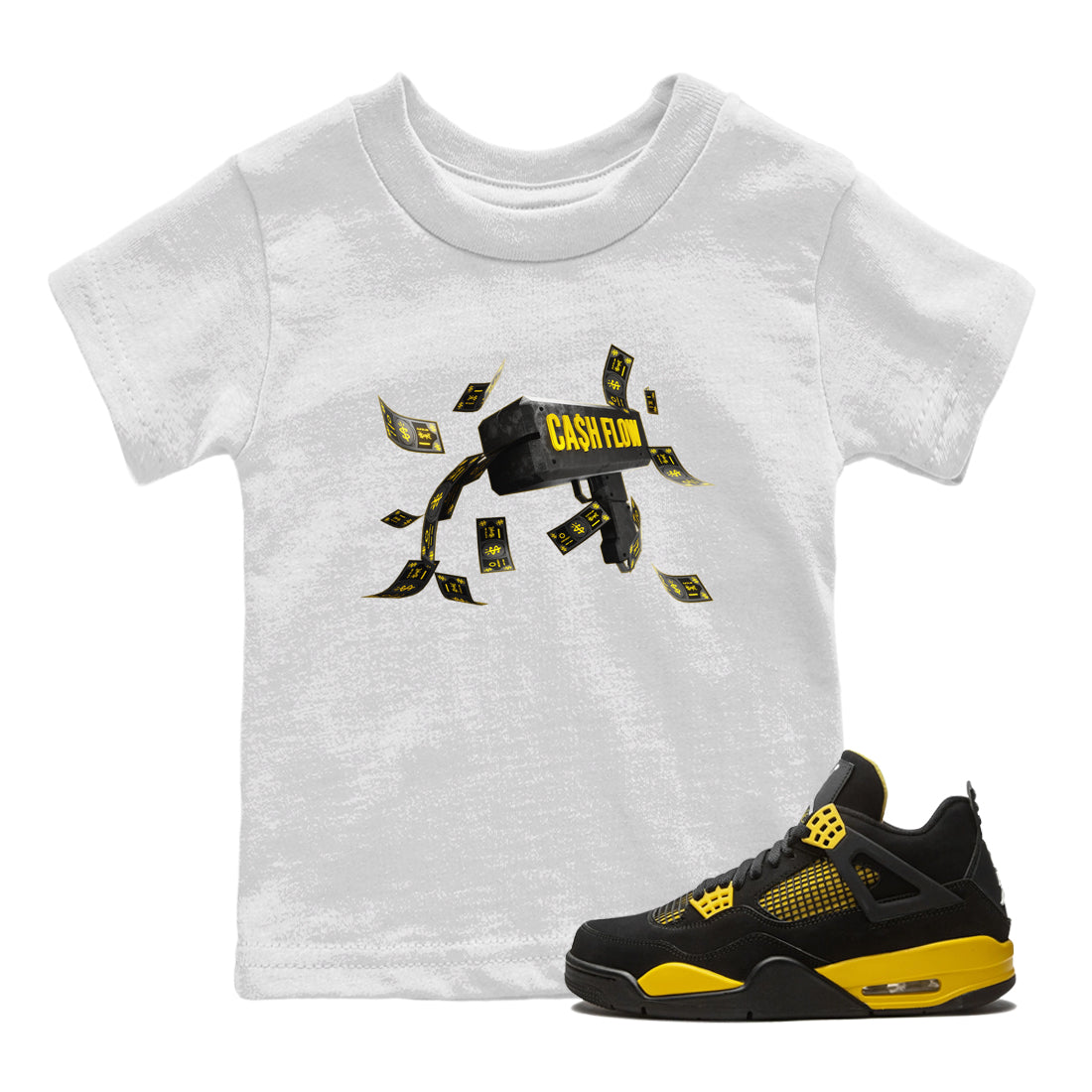 Air Jordan 4 Thunder Sneaker Match Tees Cash Flow Streetwear Sneaker Shirt AJ4 Thunder Sneaker Release Tees Kids Shirts White 1