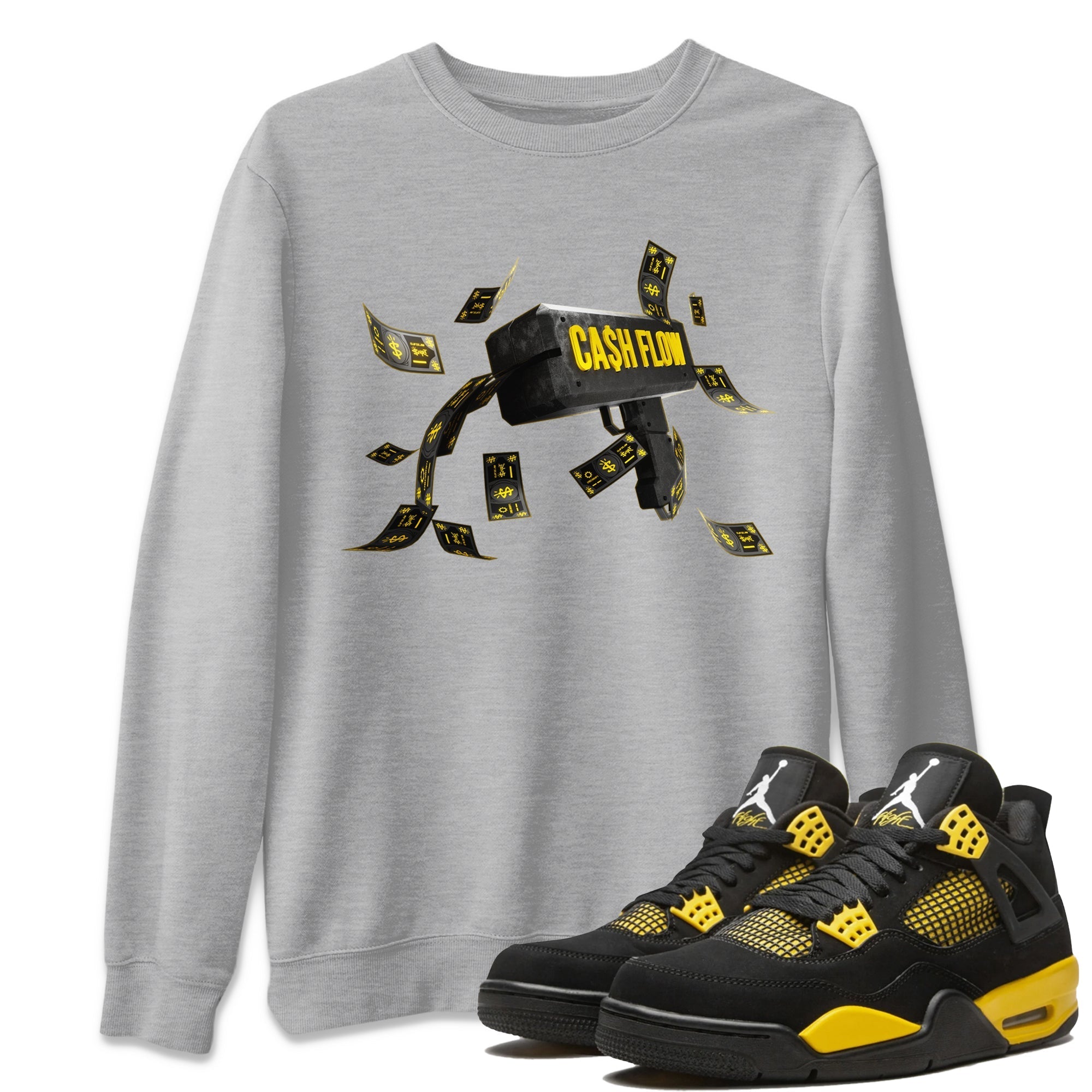 Air Jordan 4 Thunder Sneaker Match Tees Cash Flow Streetwear Sneaker Shirt AJ4 Thunder Sneaker Release Tees Unisex Shirts Heather Grey 1