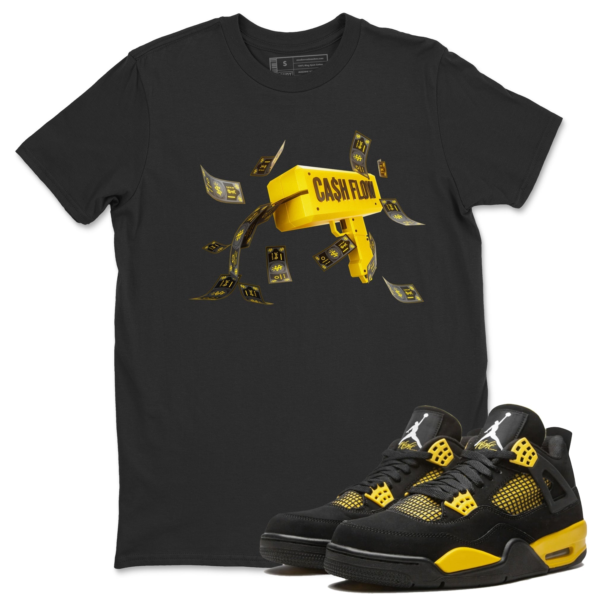 Air Jordan 4 Thunder Sneaker Match Tees Cash Flow Streetwear Sneaker Shirt AJ4 Thunder Sneaker Release Tees Unisex Shirts Black 1