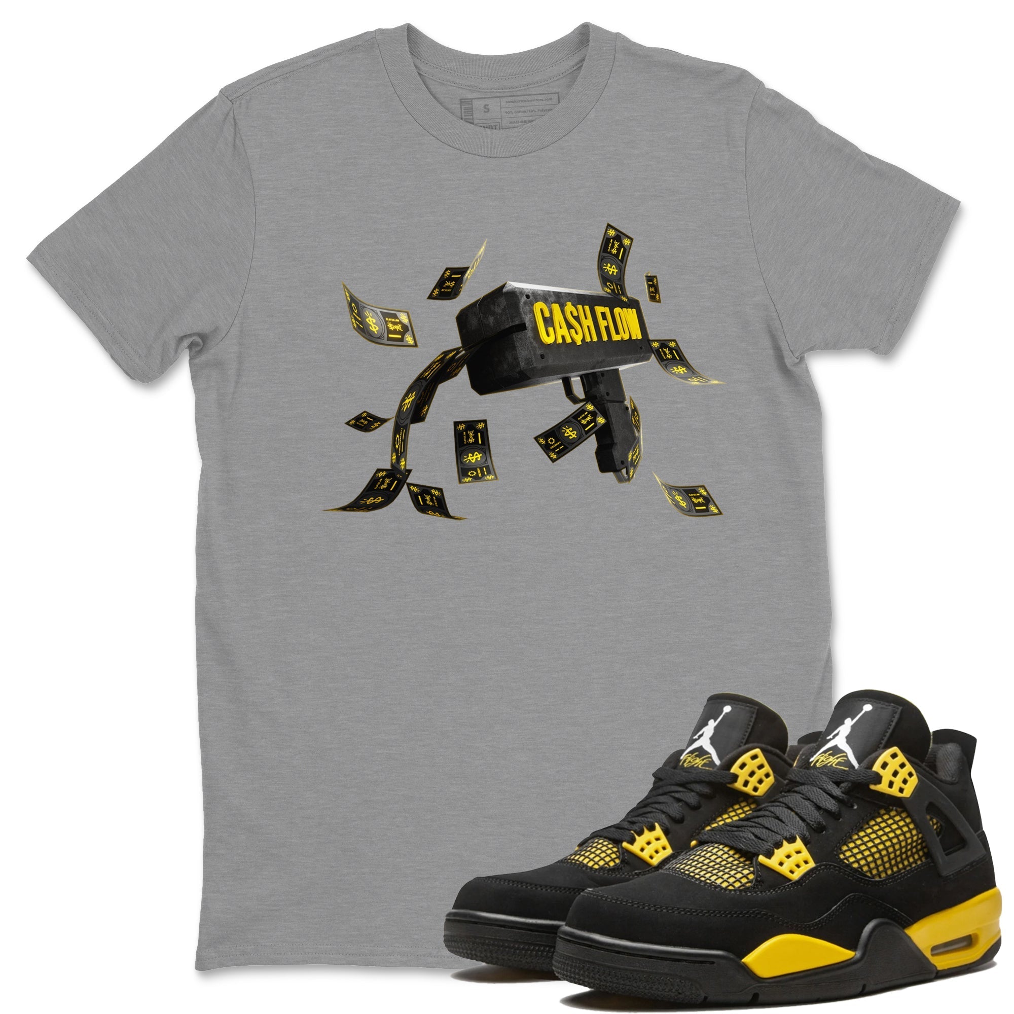 Air Jordan 4 Thunder Sneaker Match Tees Cash Flow Streetwear Sneaker Shirt AJ4 Thunder Sneaker Release Tees Unisex Shirts Heather Grey 1