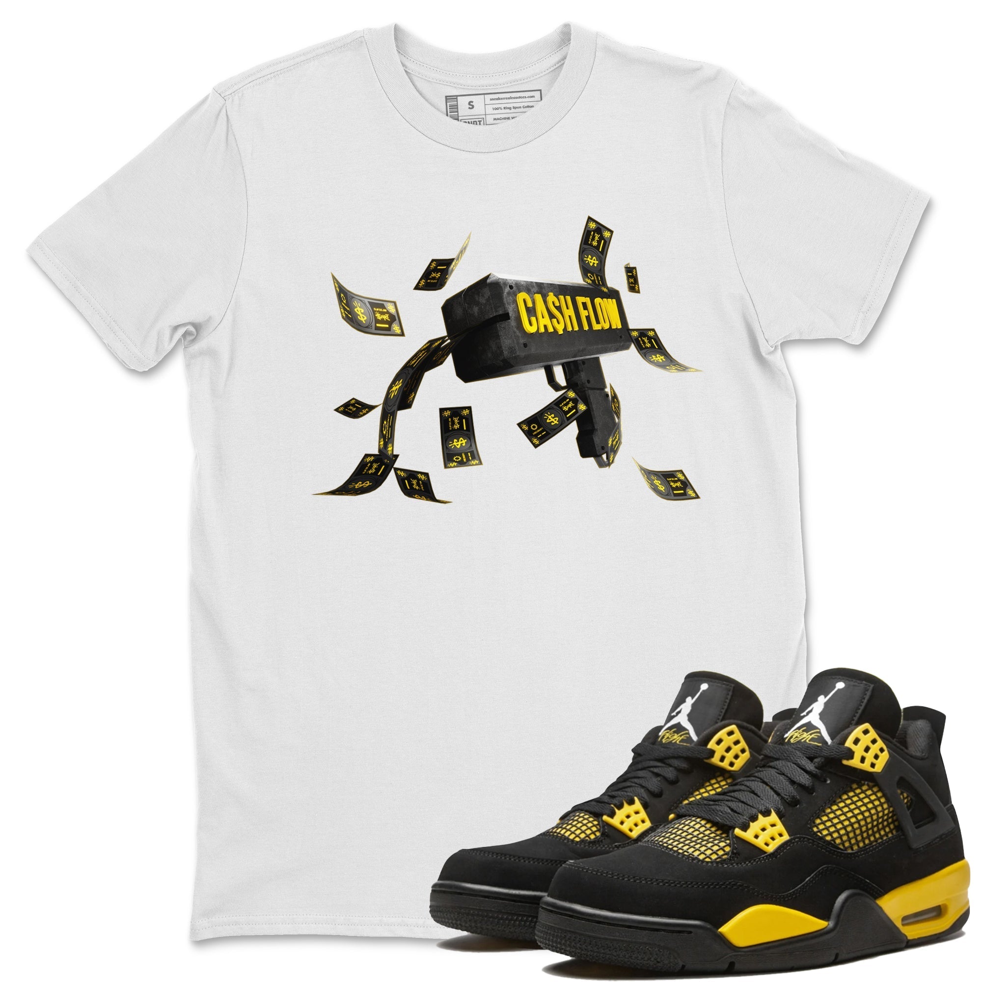 Air Jordan 4 Thunder Sneaker Match Tees Cash Flow Streetwear Sneaker Shirt AJ4 Thunder Sneaker Release Tees Unisex Shirts White 1