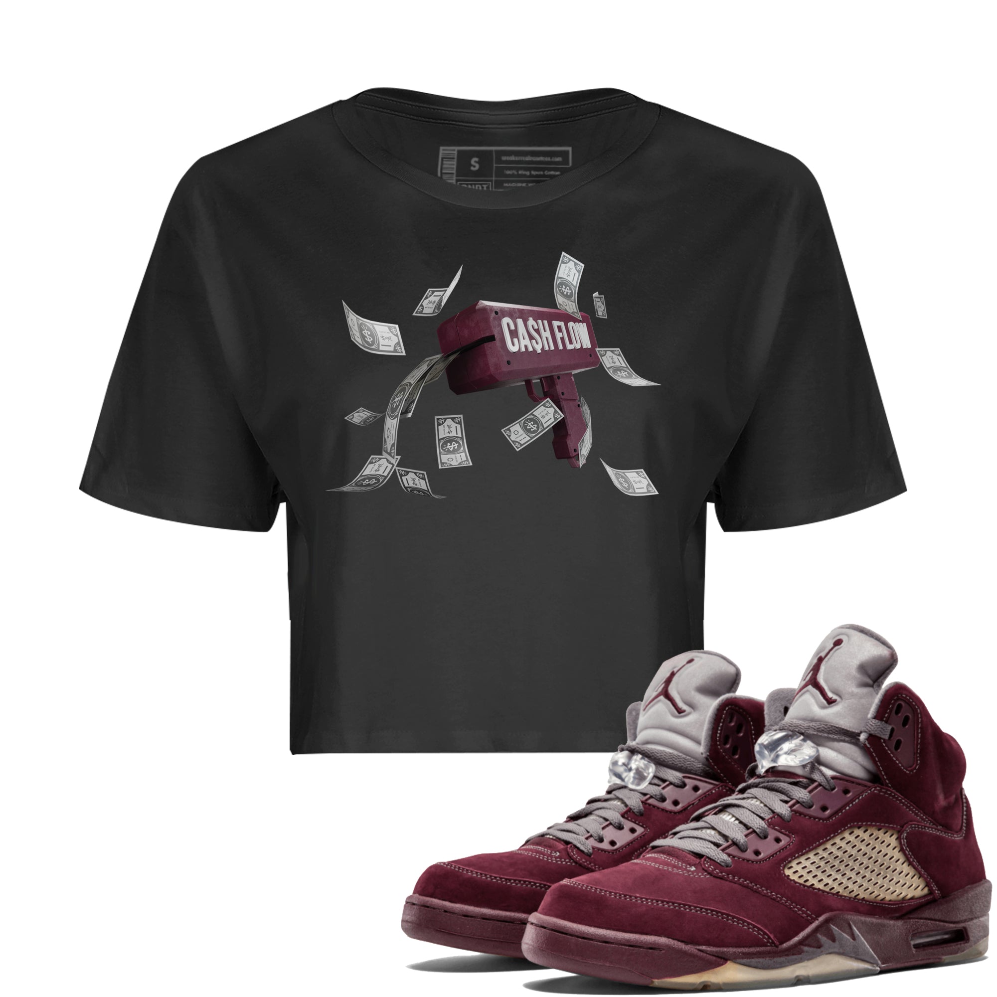 Air Jordan 5 Burgundy Sneaker Match Tees Cash Flow Streetwear Sneaker Shirt AJ5 Burgundy Sneaker Release Tees Women's Shirts Black 1
