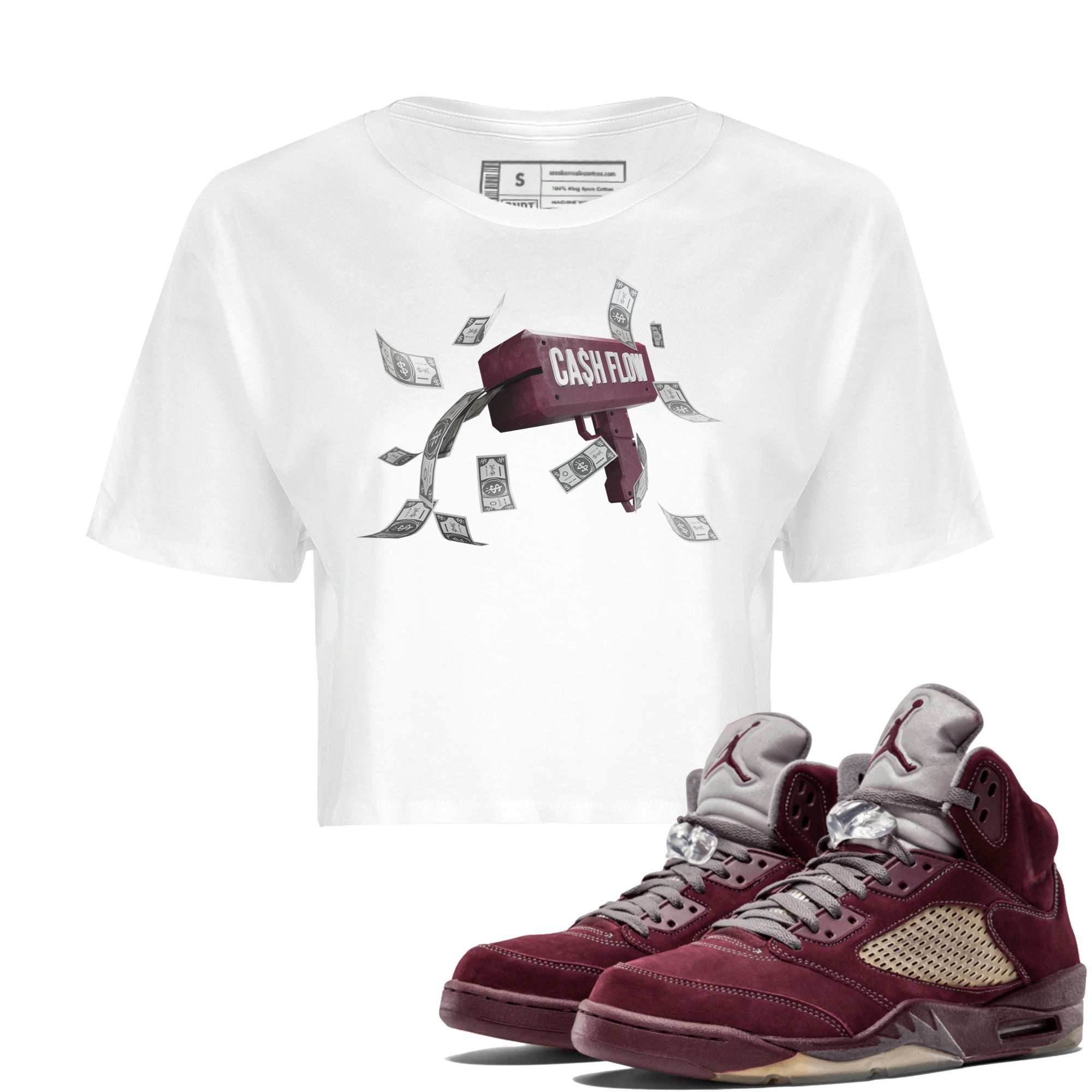 Air Jordan 5 Burgundy Sneaker Match Tees Cash Flow Streetwear Sneaker Shirt AJ5 Burgundy Sneaker Release Tees Women's Shirts White 1