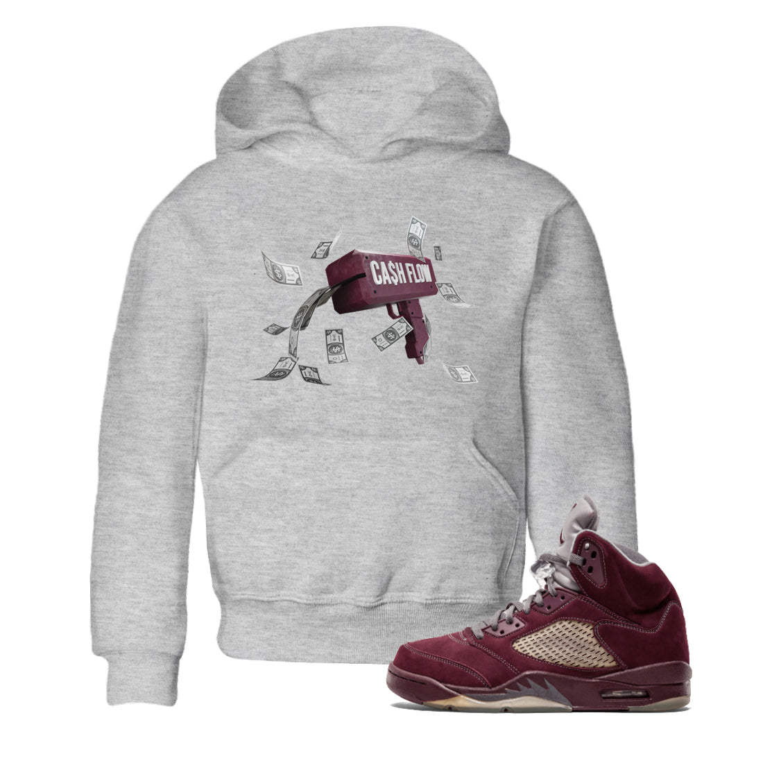 Air Jordan 5 Burgundy Sneaker Match Tees Cash Flow Streetwear Sneaker Shirt AJ5 Burgundy Sneaker Release Tees Kids Shirts Heather Grey 1