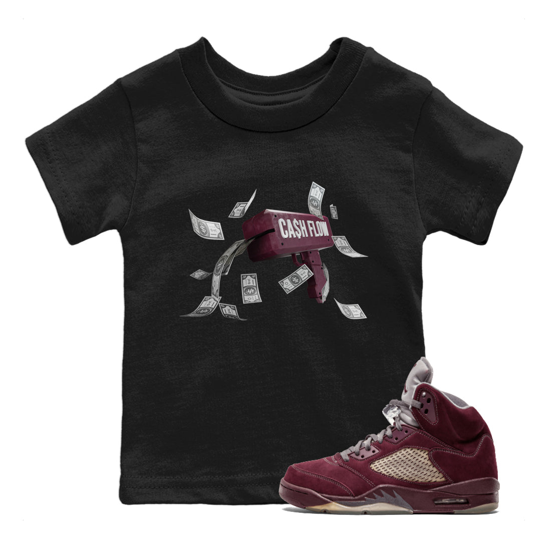 Air Jordan 5 Burgundy Sneaker Match Tees Cash Flow Streetwear Sneaker Shirt AJ5 Burgundy Sneaker Release Tees Kids Shirts Black 1