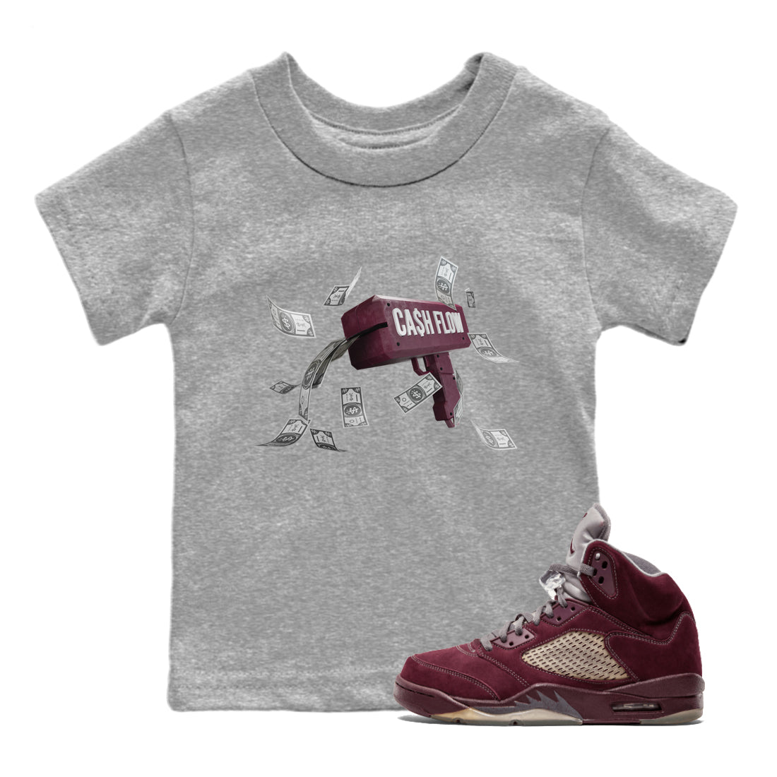 Air Jordan 5 Burgundy Sneaker Match Tees Cash Flow Streetwear Sneaker Shirt AJ5 Burgundy Sneaker Release Tees Kids Shirts Heather Grey 1
