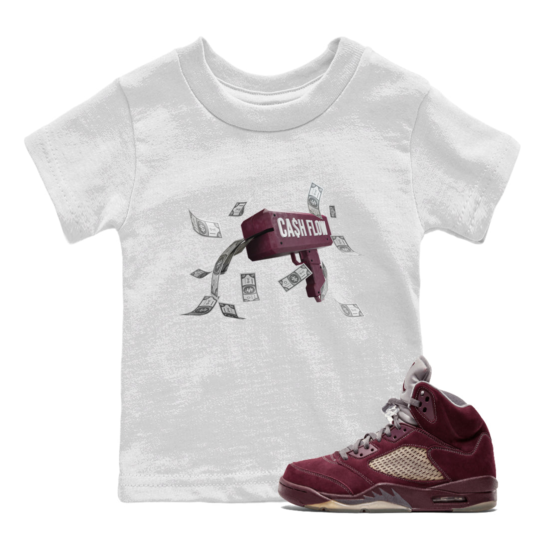 Air Jordan 5 Burgundy Sneaker Match Tees Cash Flow Streetwear Sneaker Shirt AJ5 Burgundy Sneaker Release Tees Kids Shirts White 1