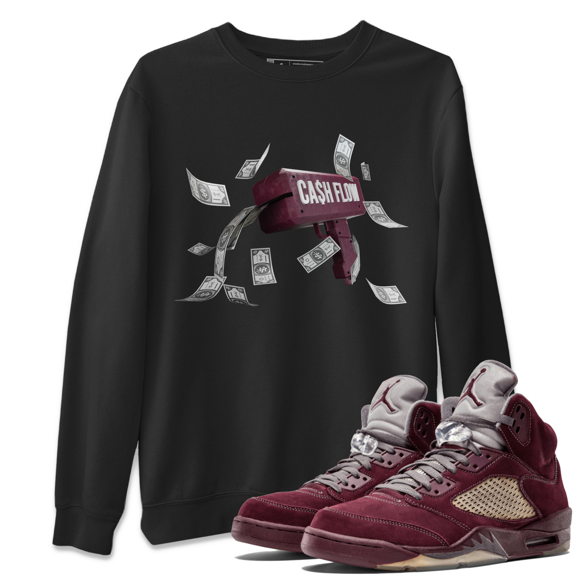 Air Jordan 5 Burgundy Sneaker Match Tees Cash Flow Streetwear Sneaker Shirt AJ5 Burgundy Sneaker Release Tees Unisex Shirts Black 1
