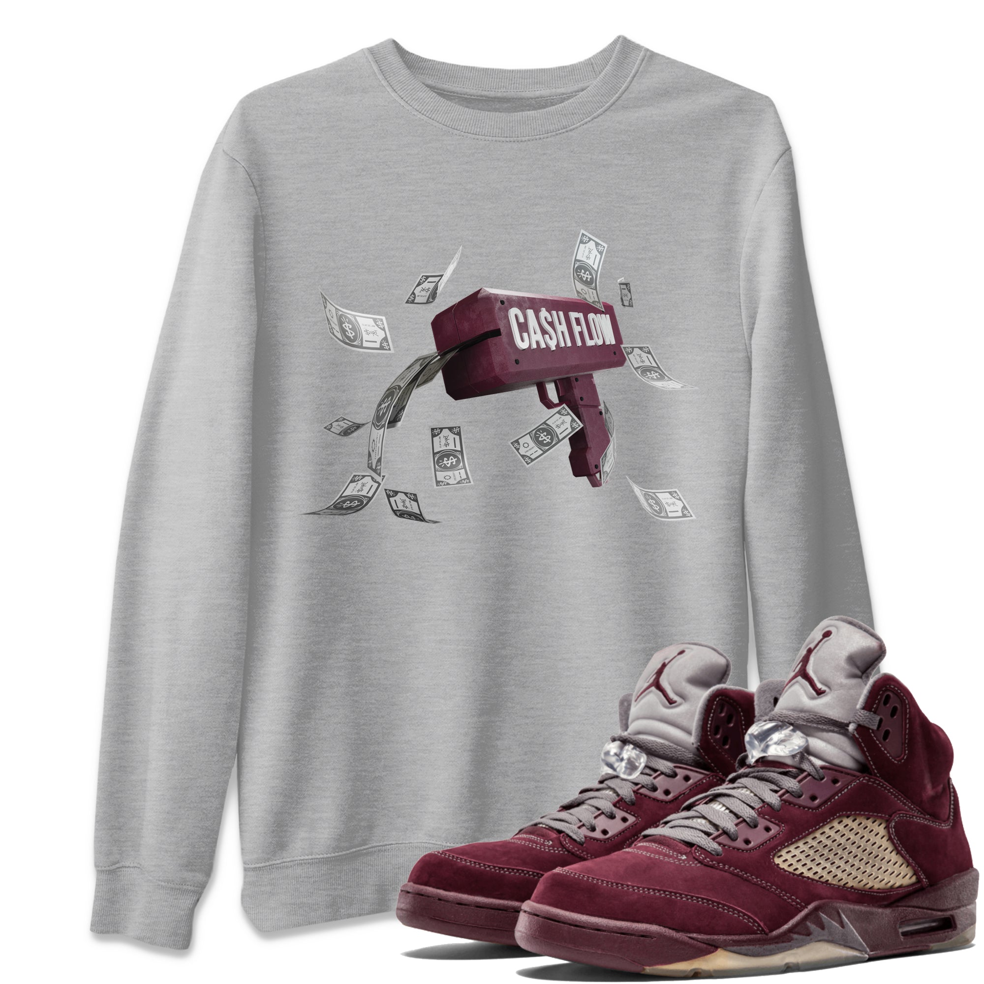 Air Jordan 5 Burgundy Sneaker Match Tees Cash Flow Streetwear Sneaker Shirt AJ5 Burgundy Sneaker Release Tees Unisex Shirts Heather Grey 1